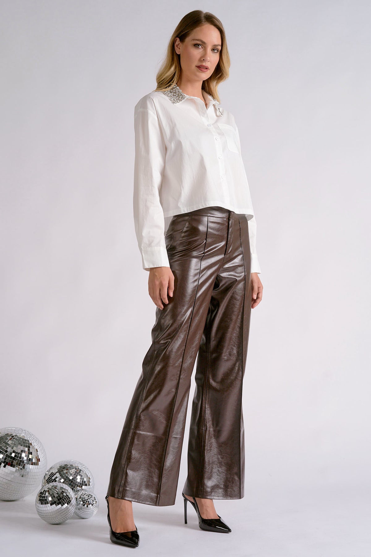 Embellished Stone Collar Poplin- White