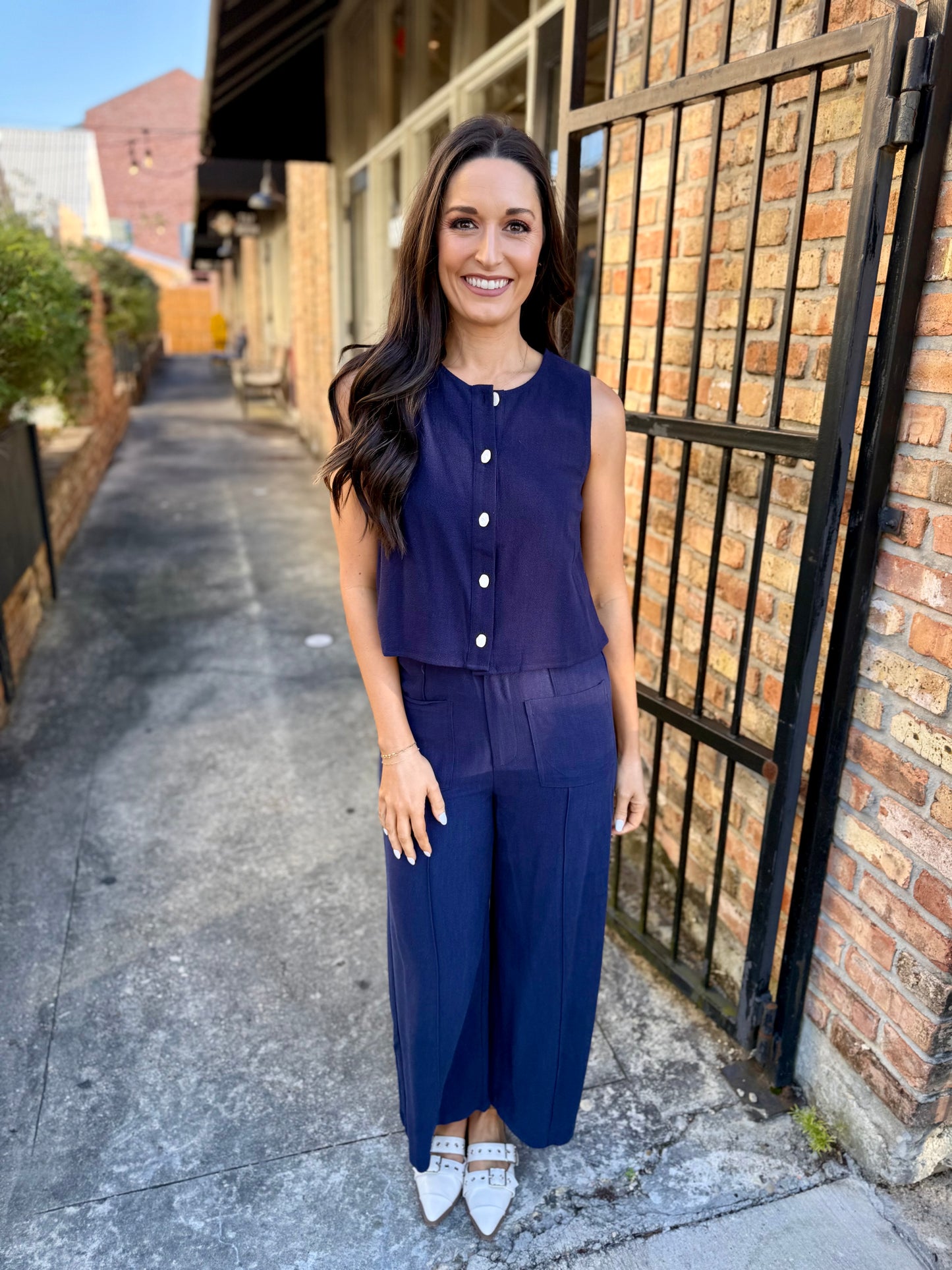 Front Pocket Linen Pants- Navy