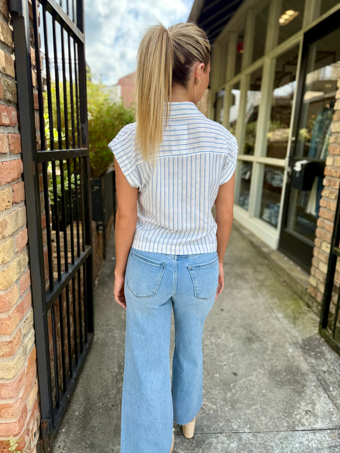 Barry Striped Button Up Top- Blue