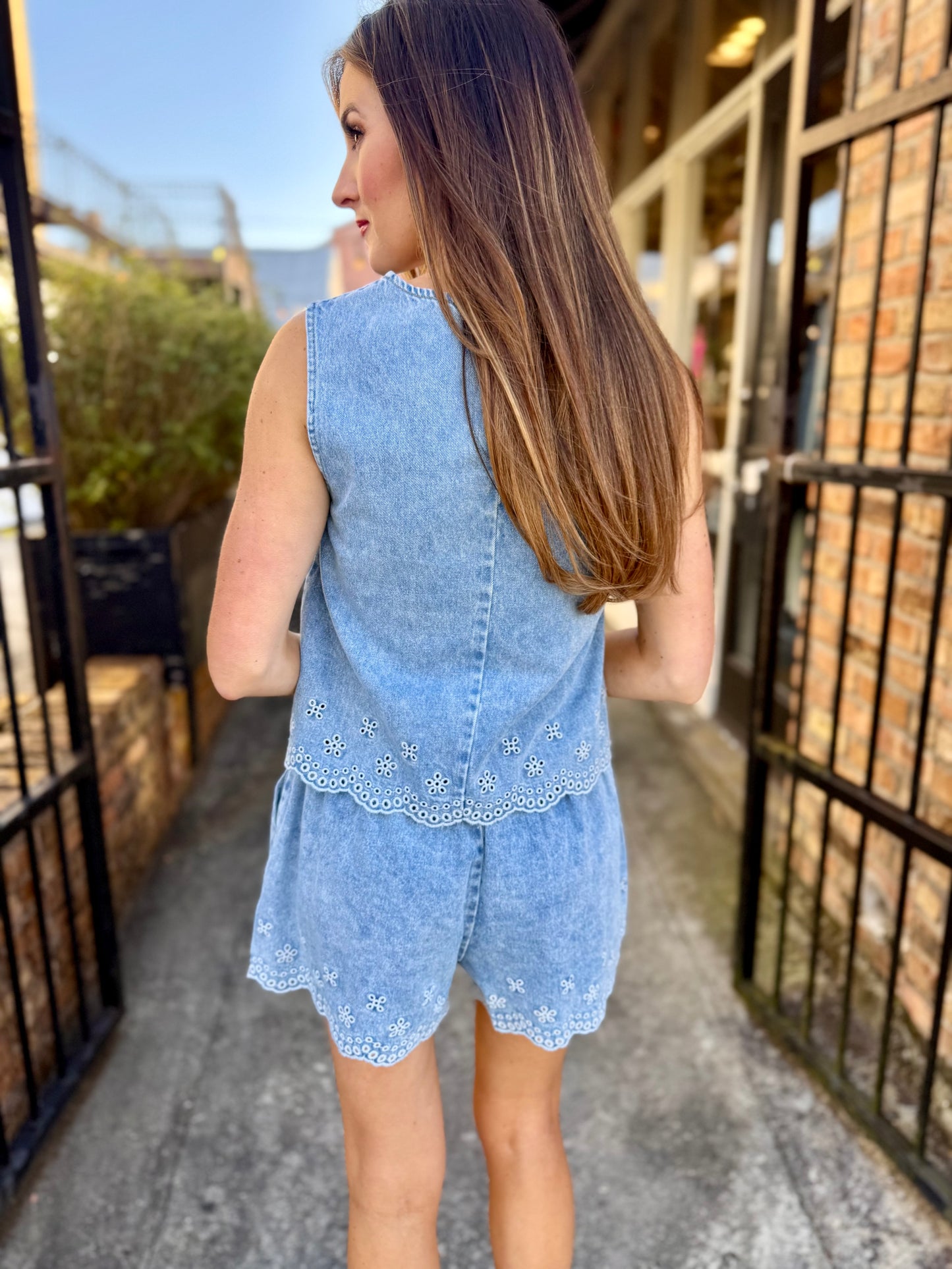 Embroidered Scalloped Denim Shorts