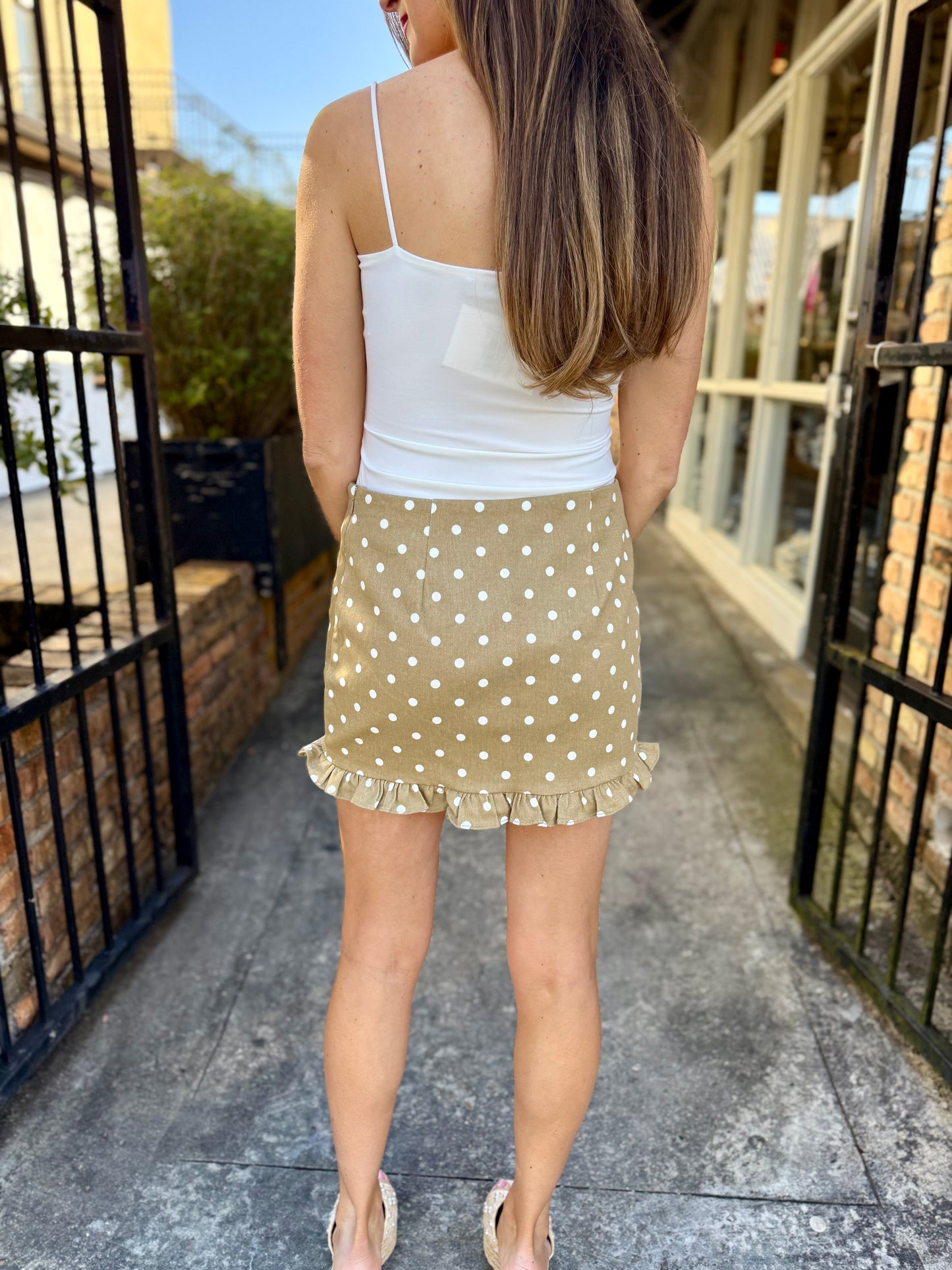 Polka Dot Mini Ruffle Skirt- Tan/White