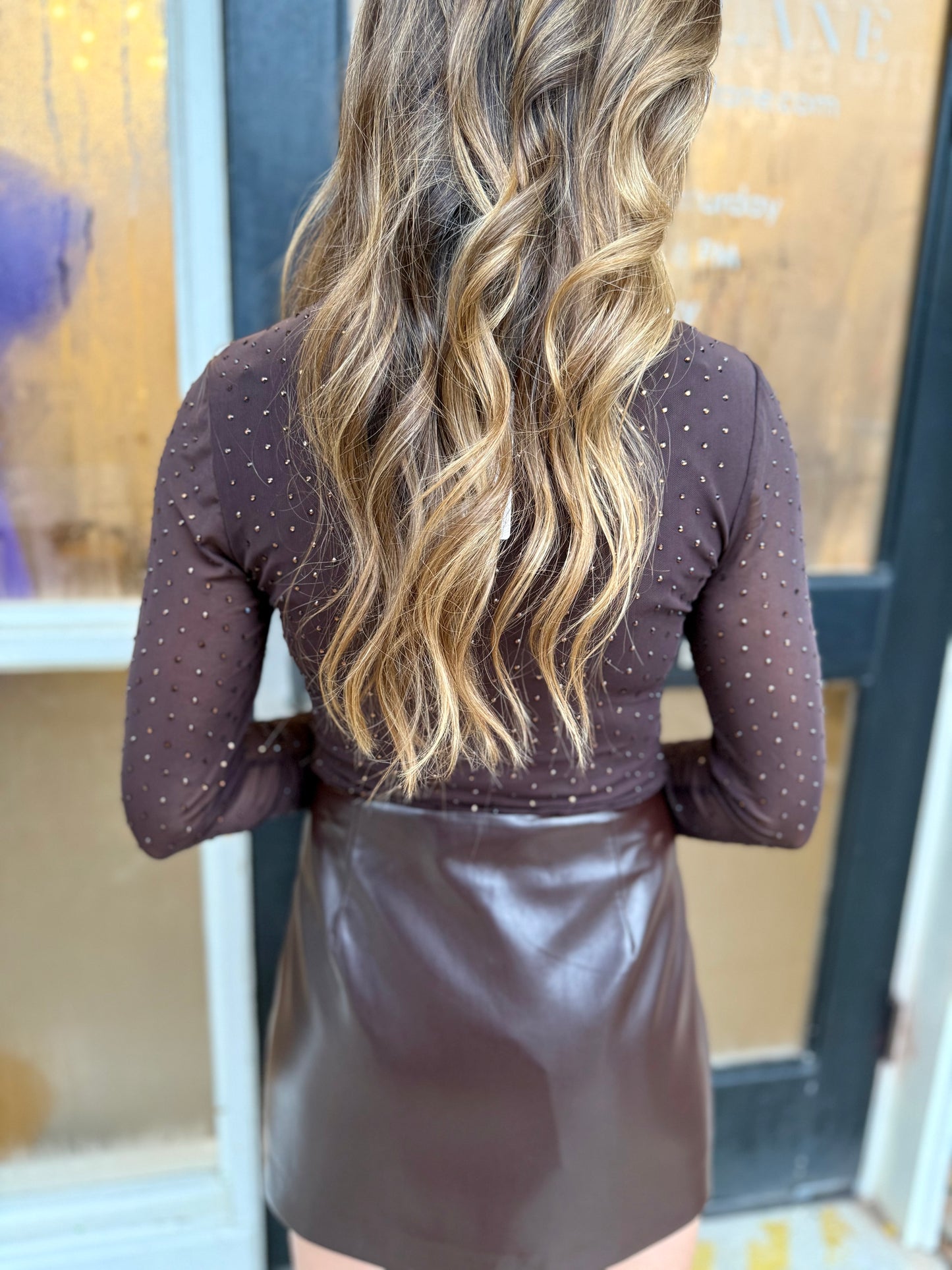 Embellished Mesh Mock Neck Top- Dark Chocolate