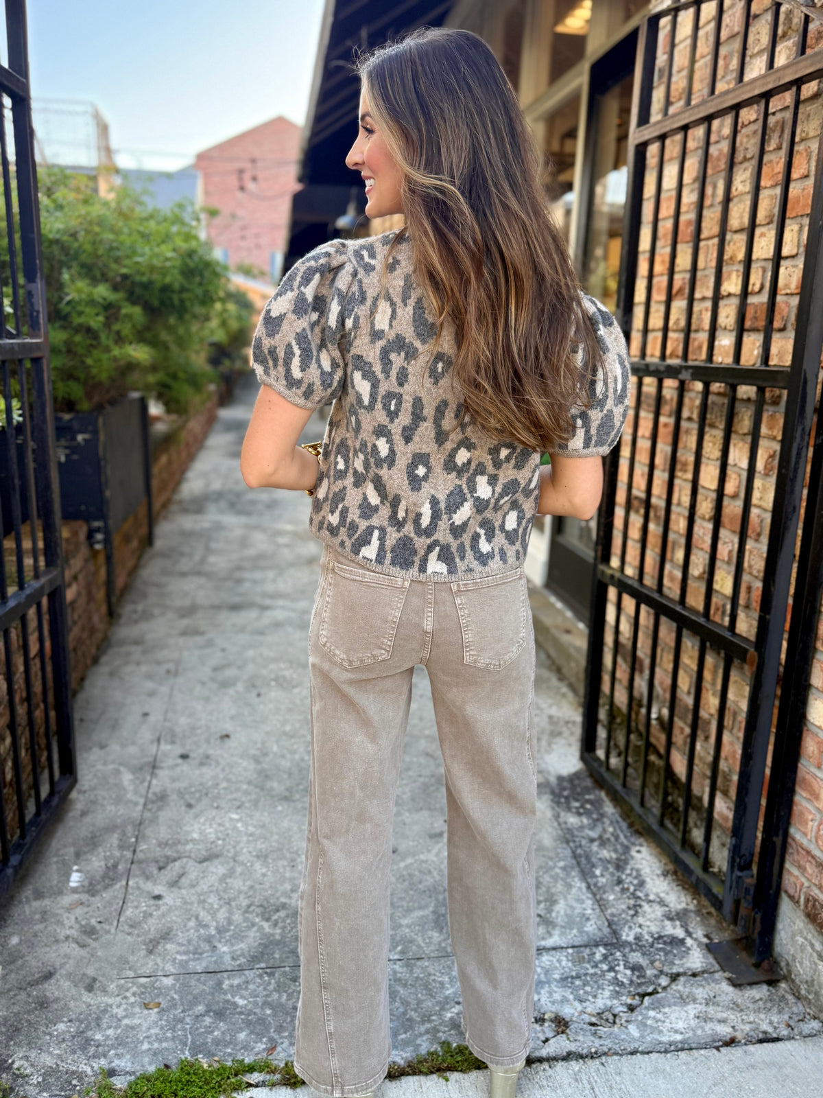 Pepita Puff Sleeve Cardigan-Leopard