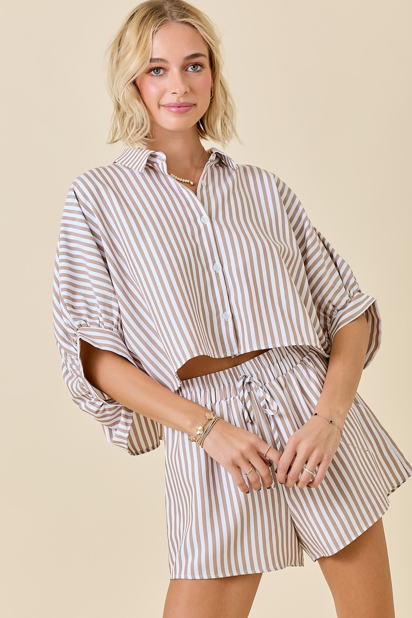Ferrara Striped 2 PC SET- Mocha/White