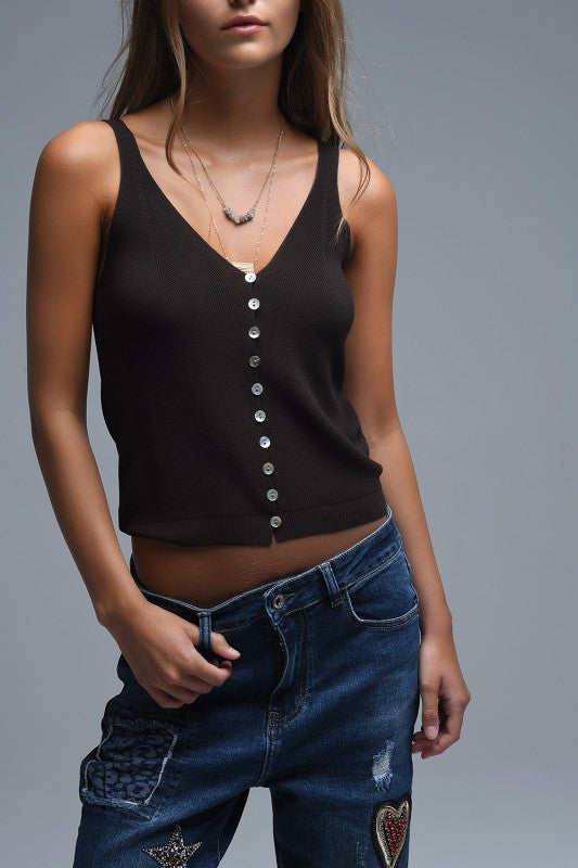 Erica Button Tank- Brown