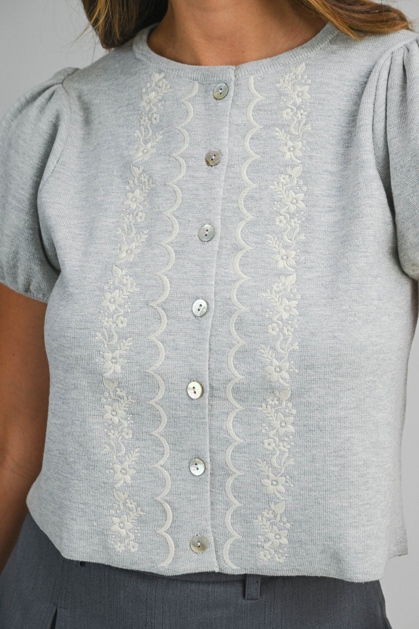 Pepita Puff Sleeve Cardigan-H. Grey Embroidered