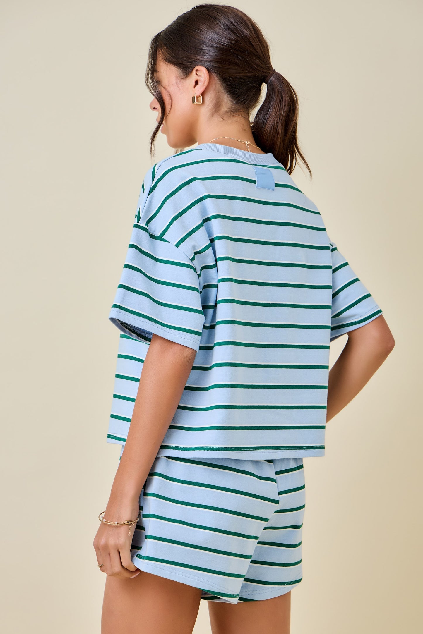 Teva Striped Boxy Top- Baby Blue/Hunter Green