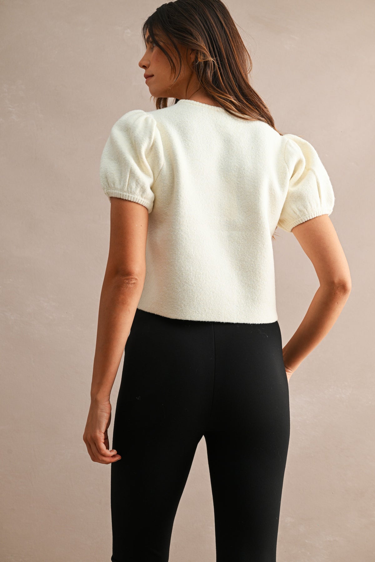 Pepita Puff Sleeve Cardigan-Cream