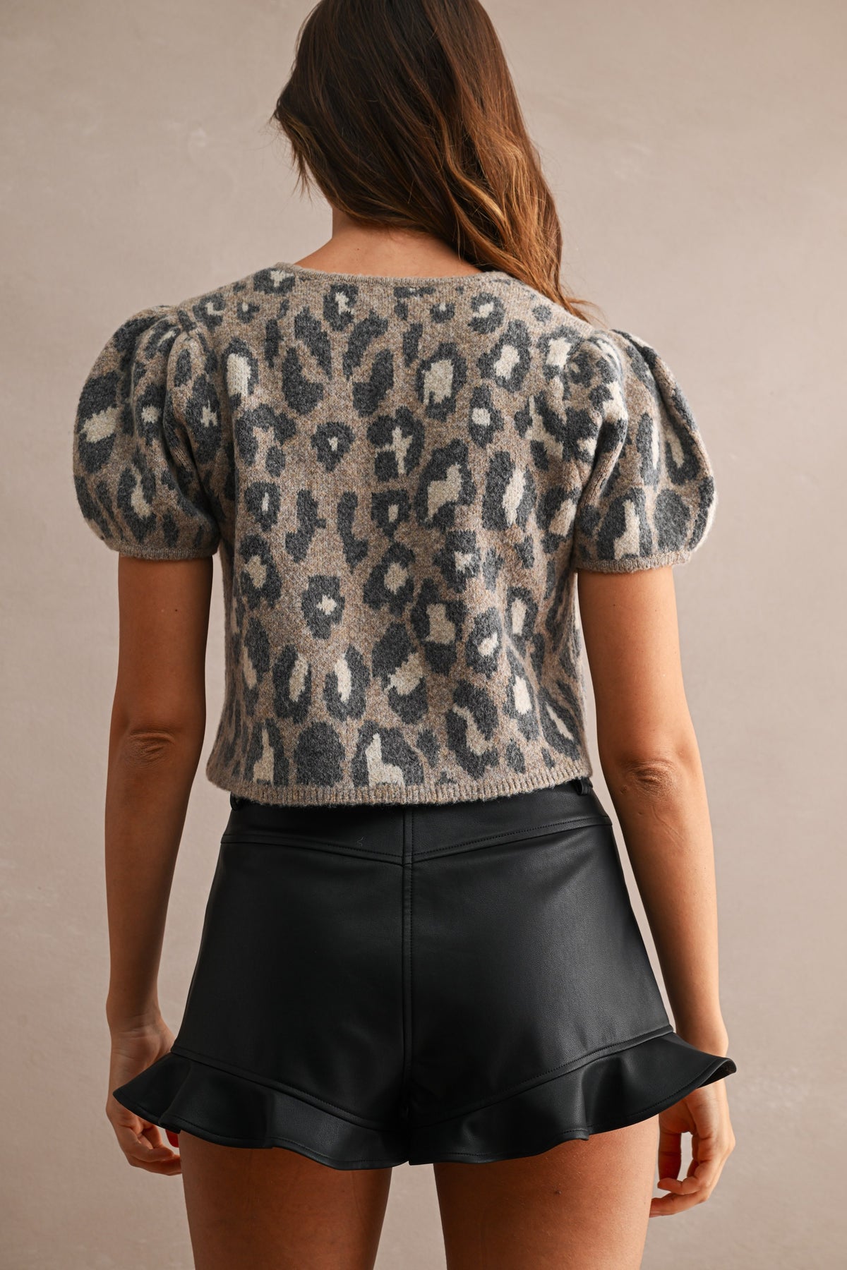 Pepita Puff Sleeve Cardigan-Leopard