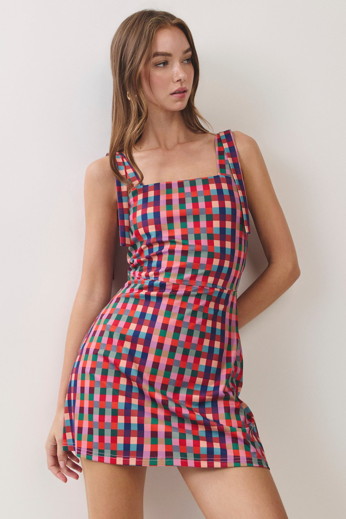 Multi Check Strap Mini Dress- Multi