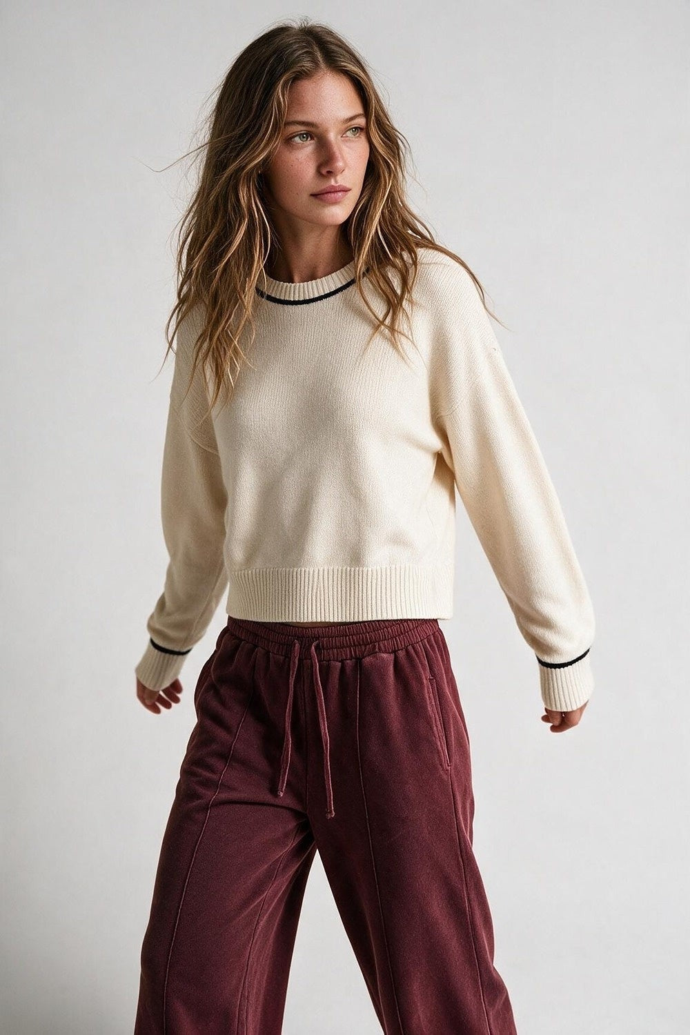 Chunky Cropped Crew Neck Sweater- Cream