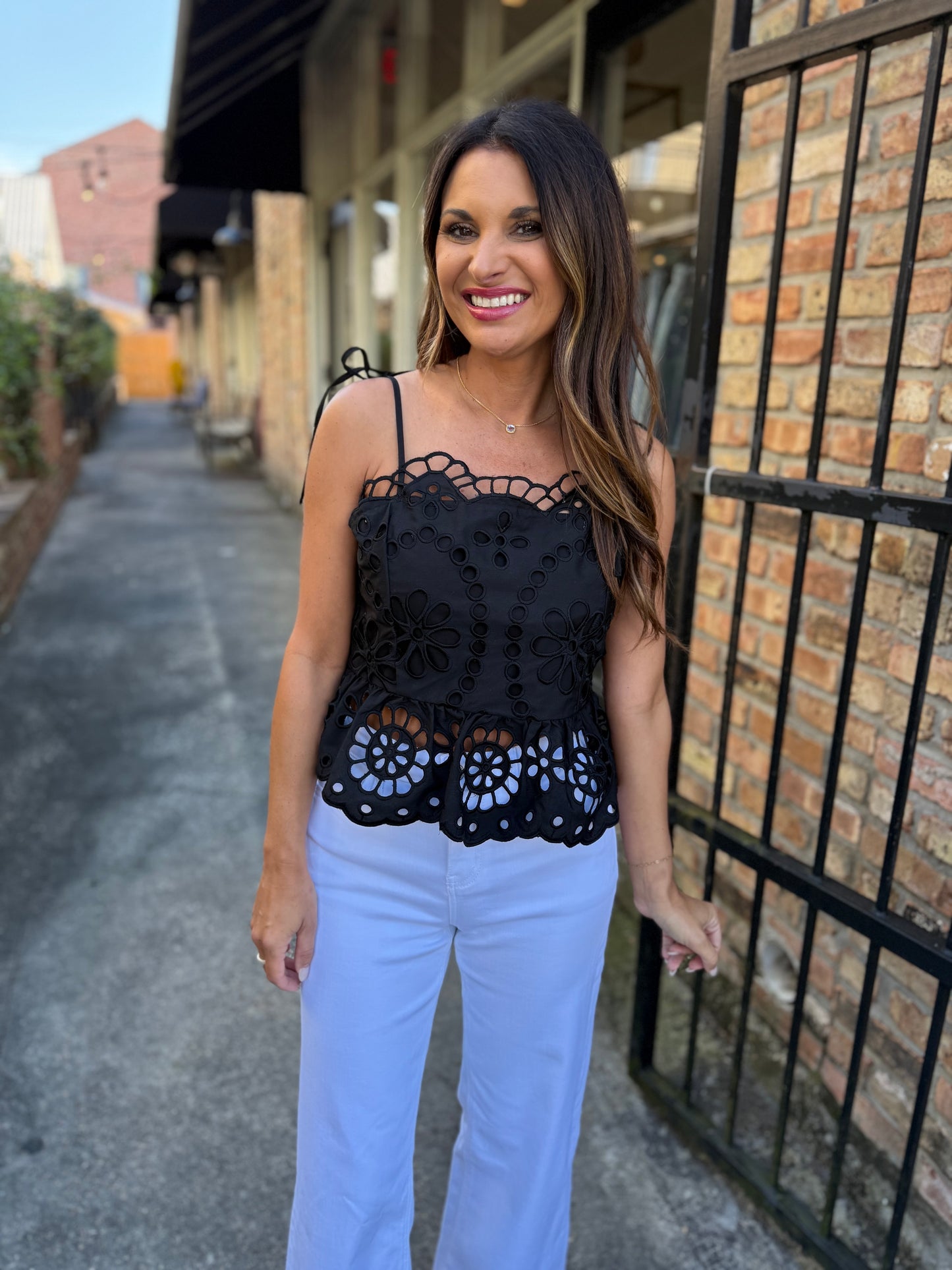 Embroidered Eyelet Peplum- Black