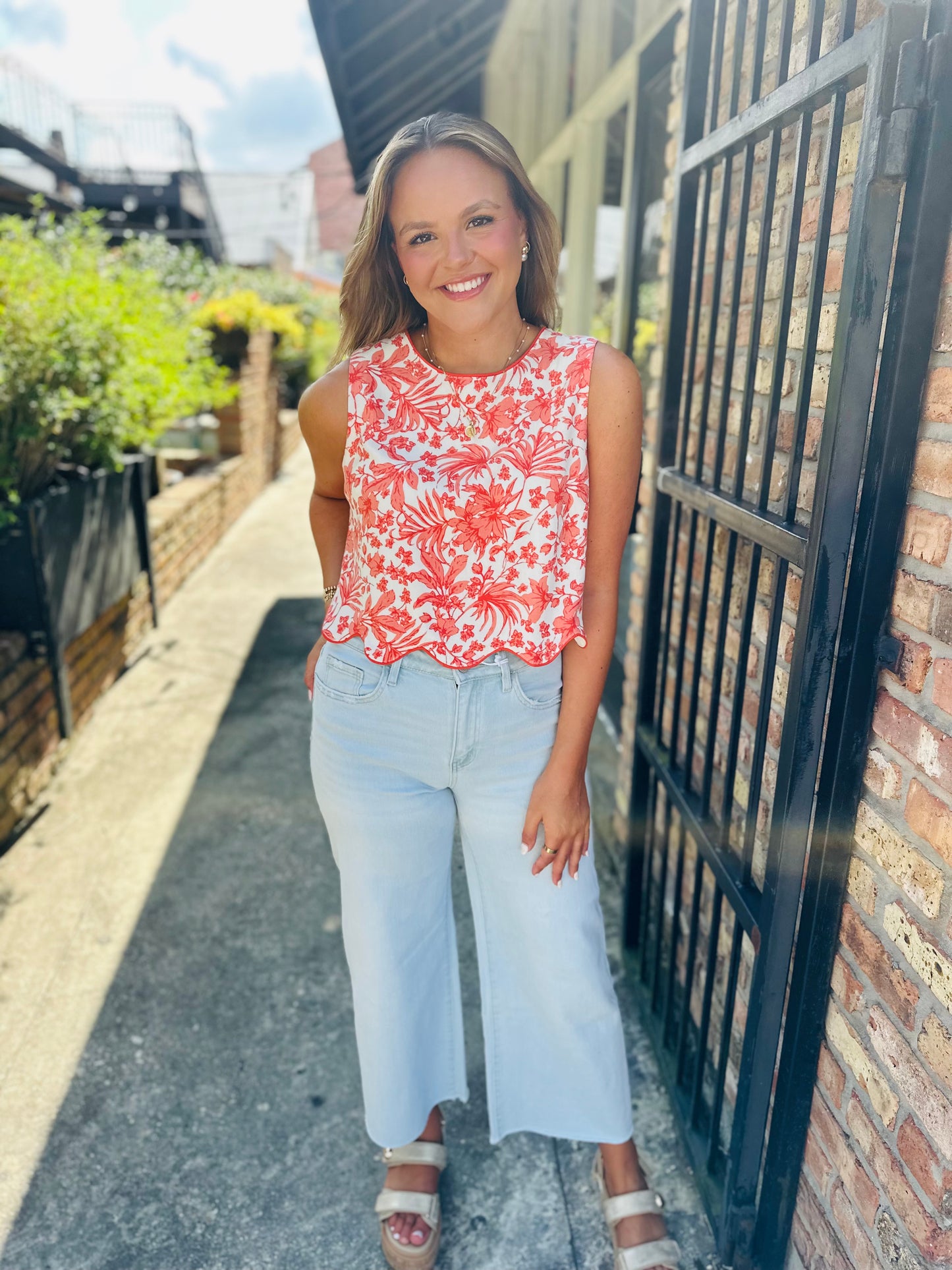 Clem Floral Scalloped Hem Top- Orange