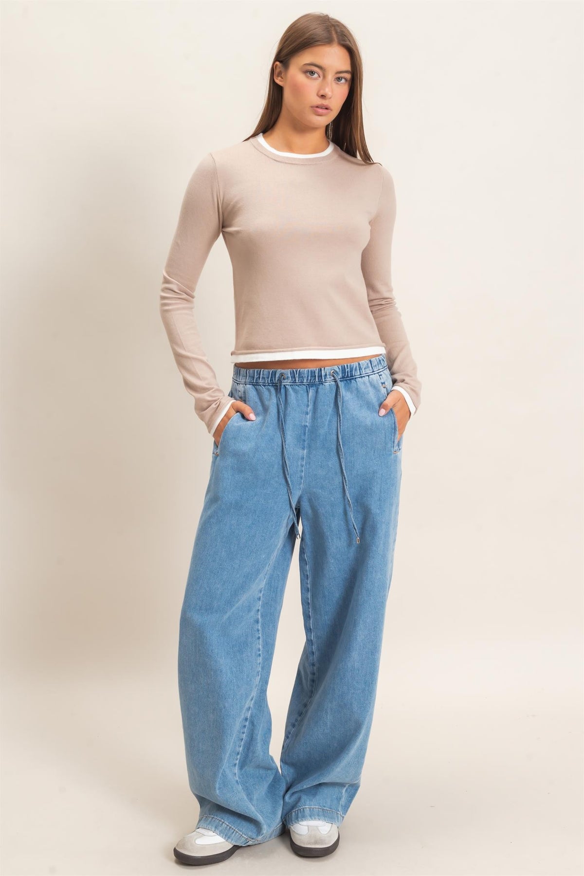 Layer Effect LS Knit Top- Taupe