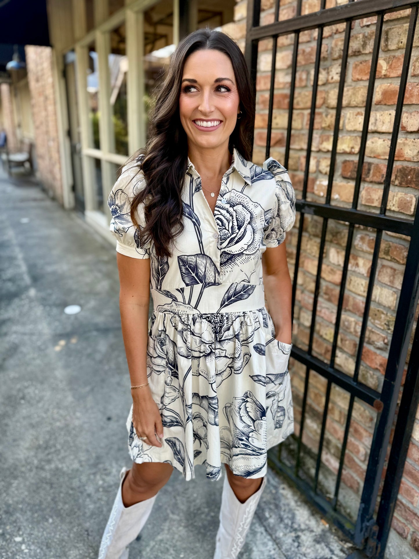 Sandra Floral Puff Sleeve Dress- Cream