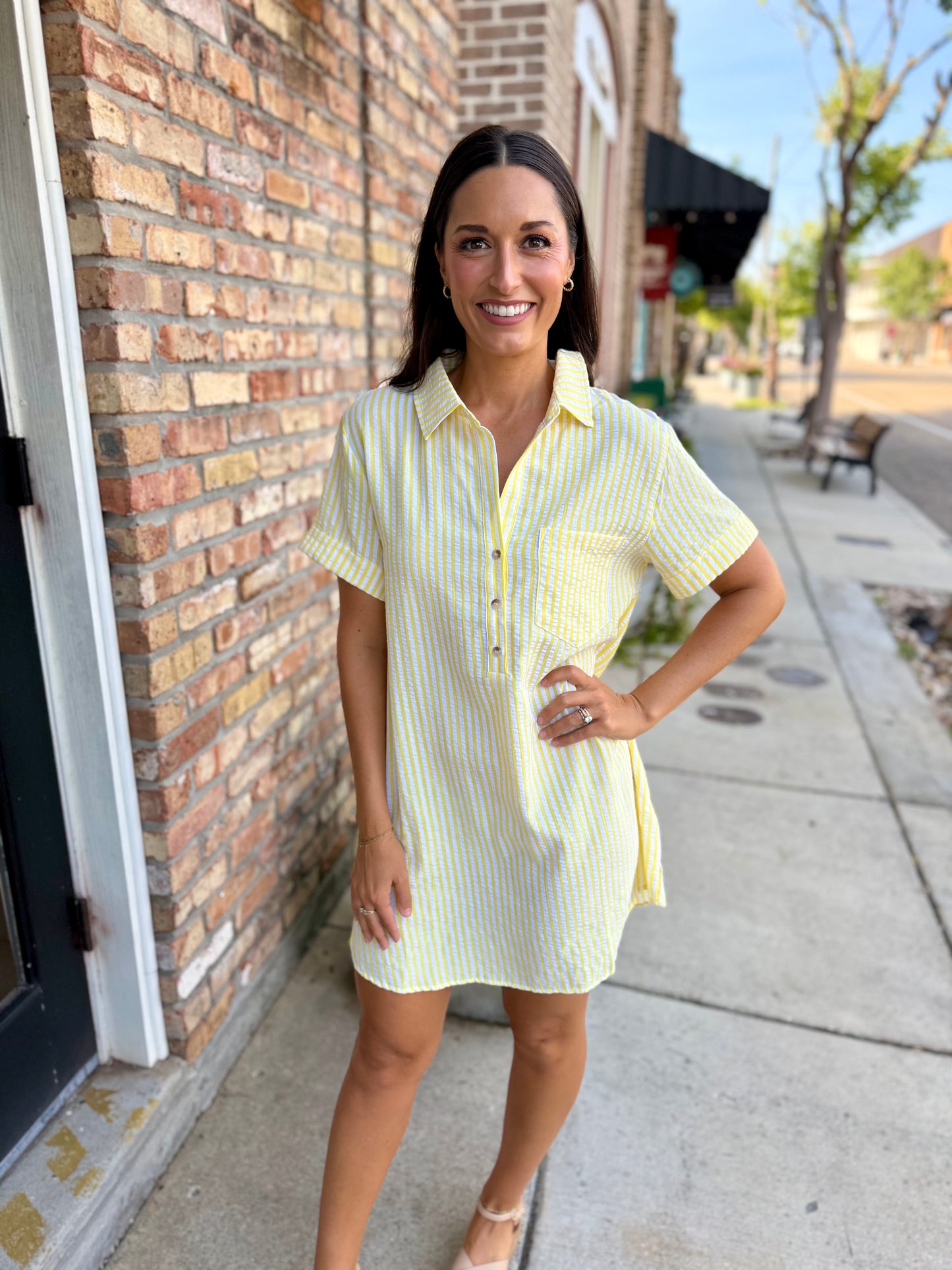 Day Striped Shirt Dress- Lemon/White