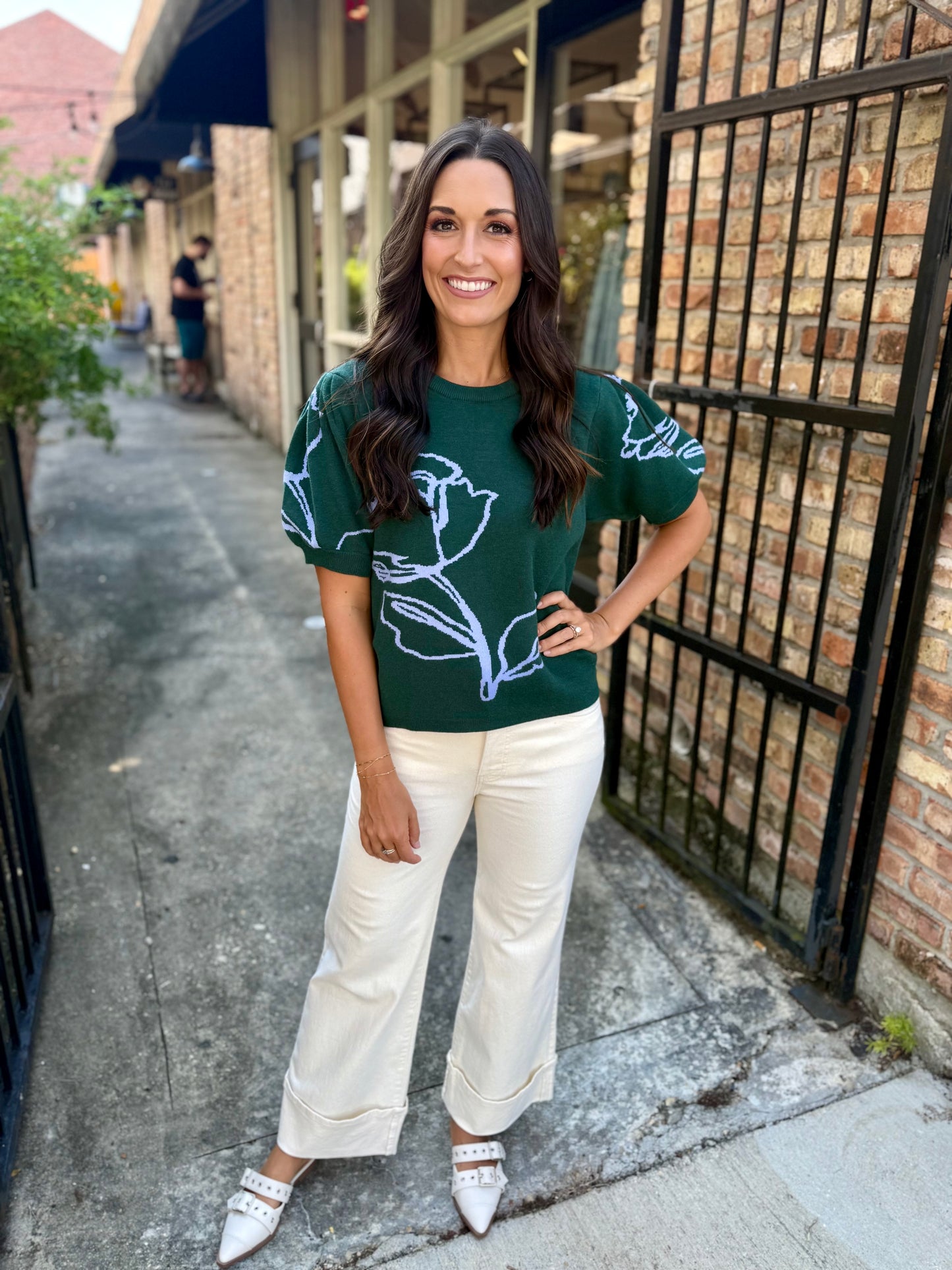 Floral Montif Sweater Top- Green