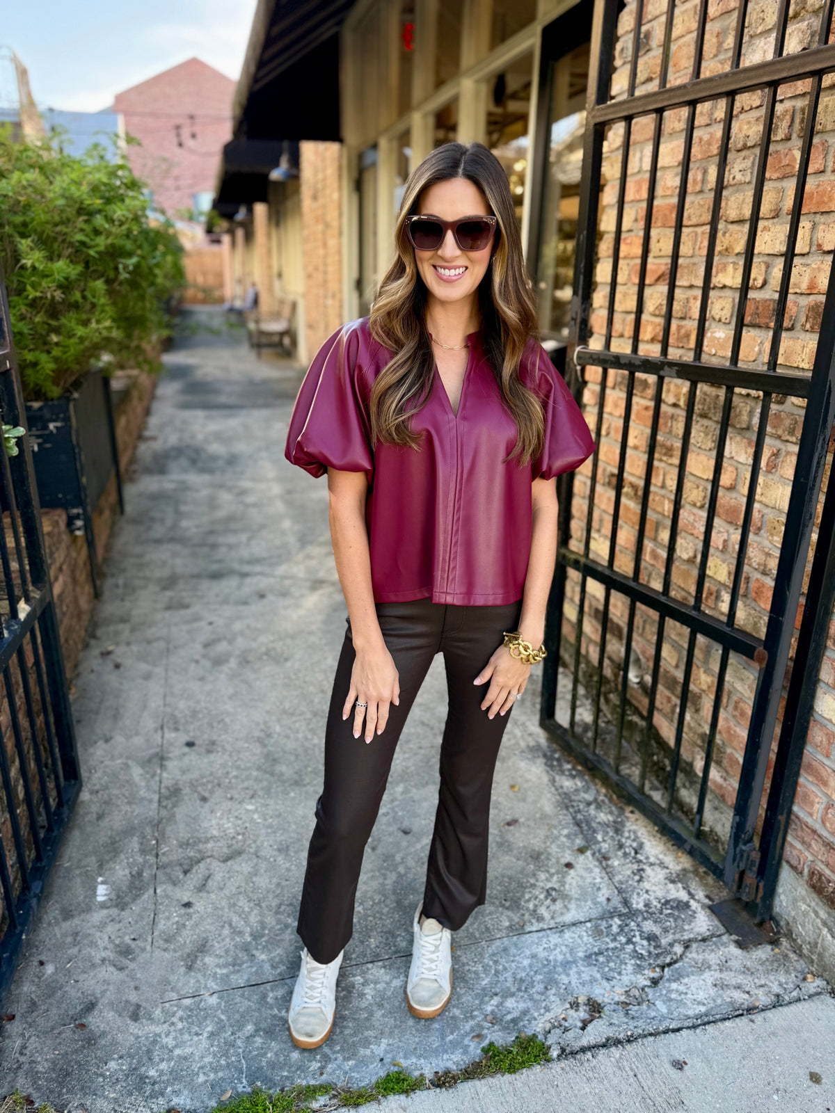 Cecila Faux Leather Top- Cordovan