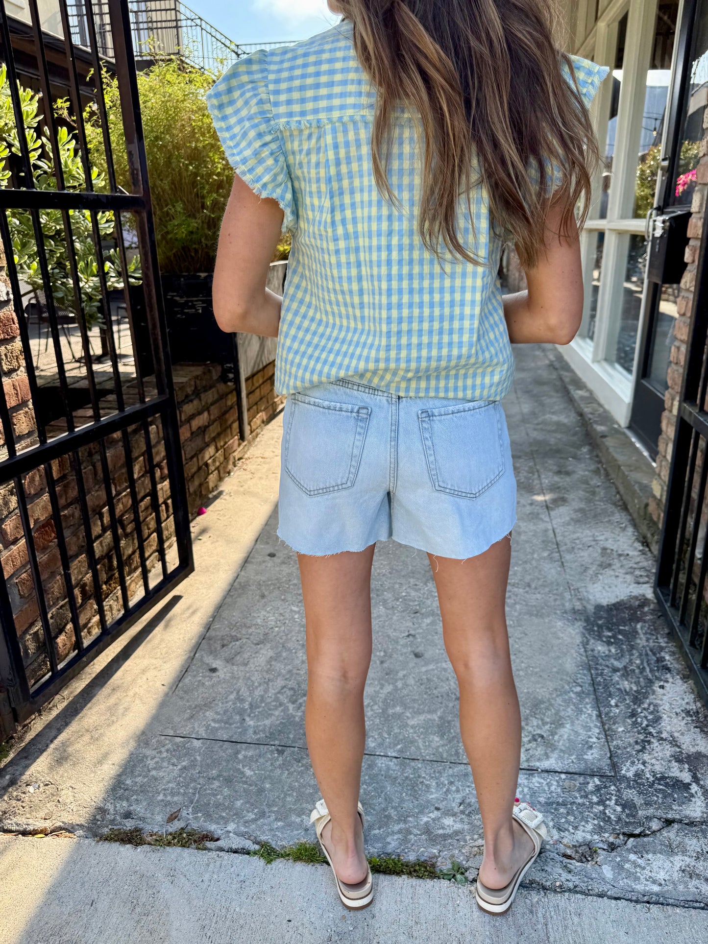 Burb Gingham Flutter Sleeve Top- Blue/Yellow