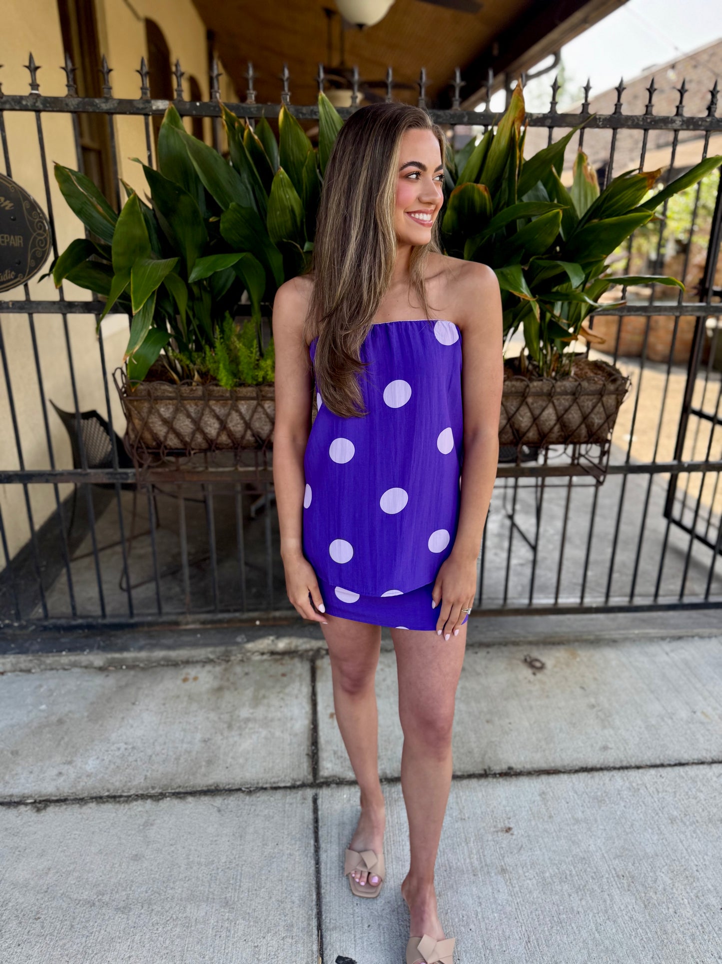Lane Polka Dot Strapless Top- Purple
