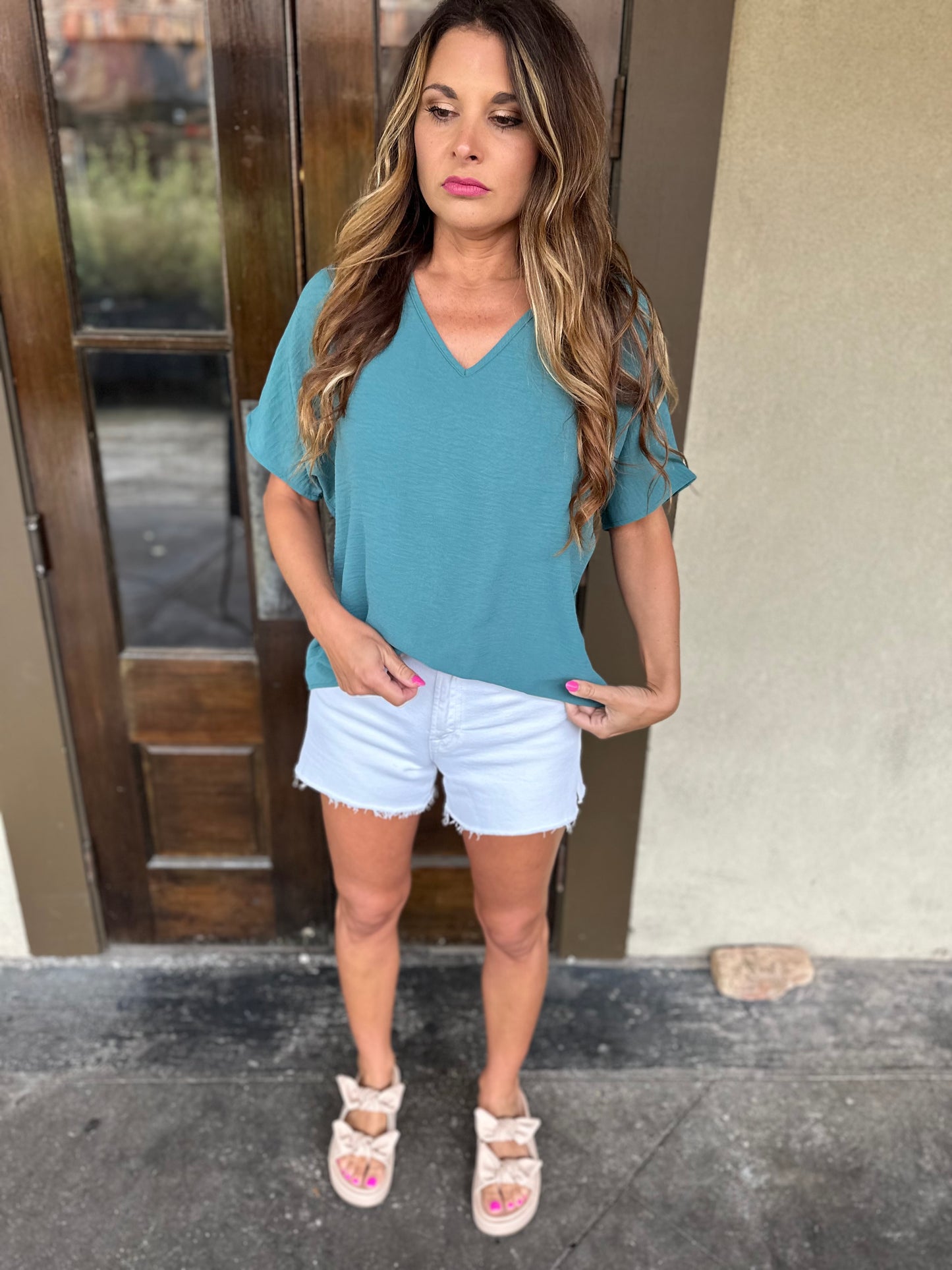 Flowy V Blouse- Forest Green