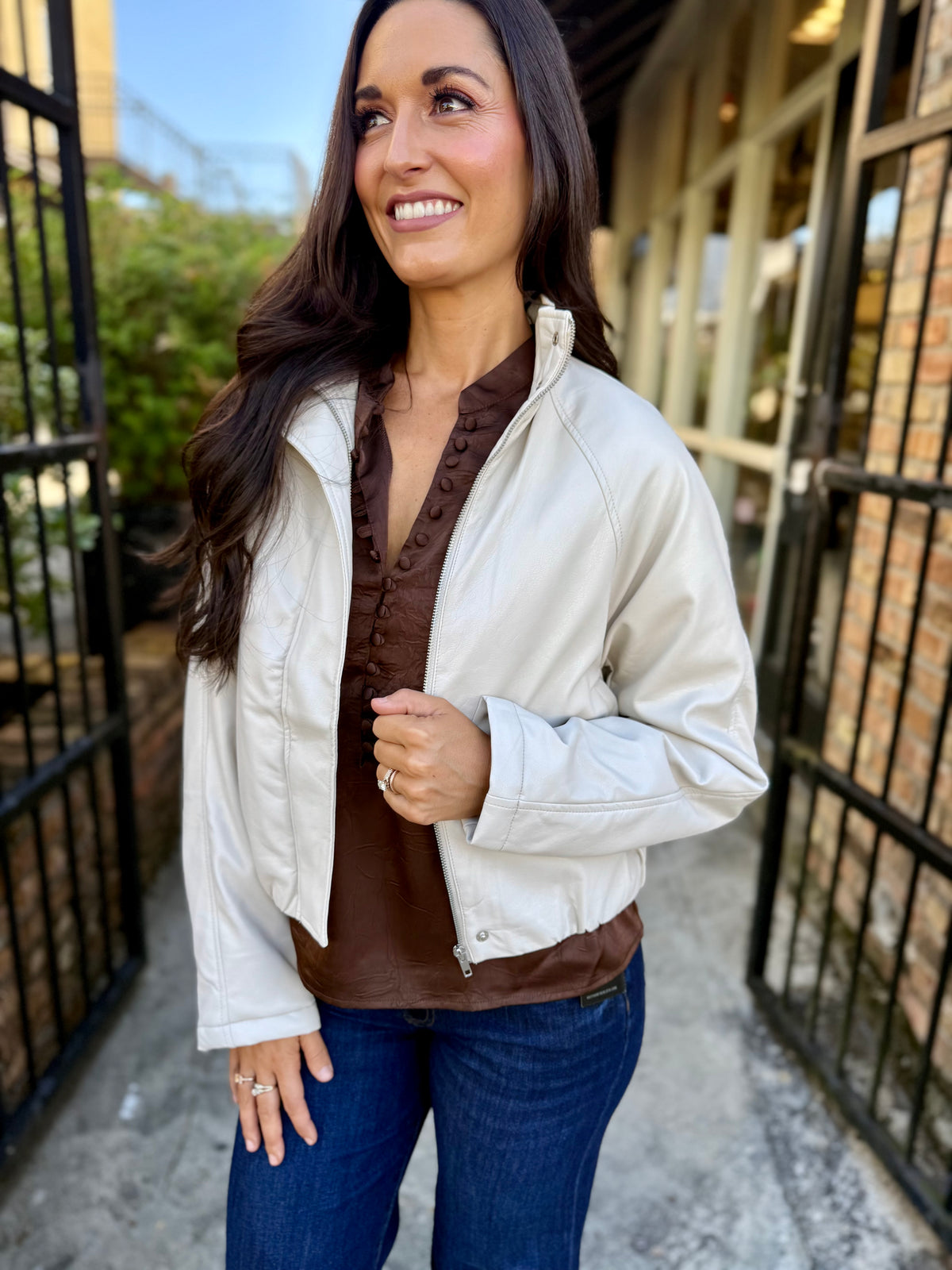 Philly Faux Leather Bomber Jacket- Ivory