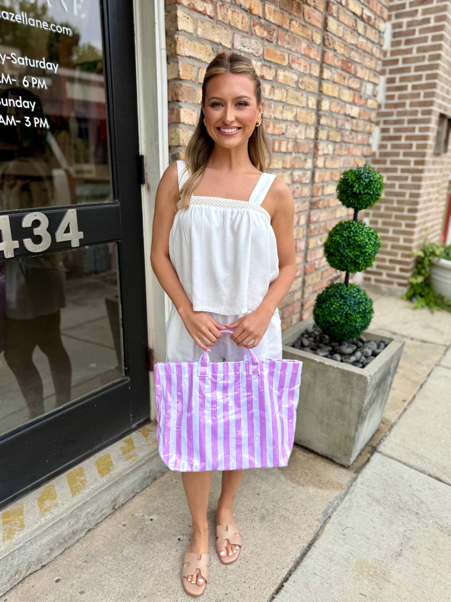 Glossy Striped Tote Bag- White/Pink