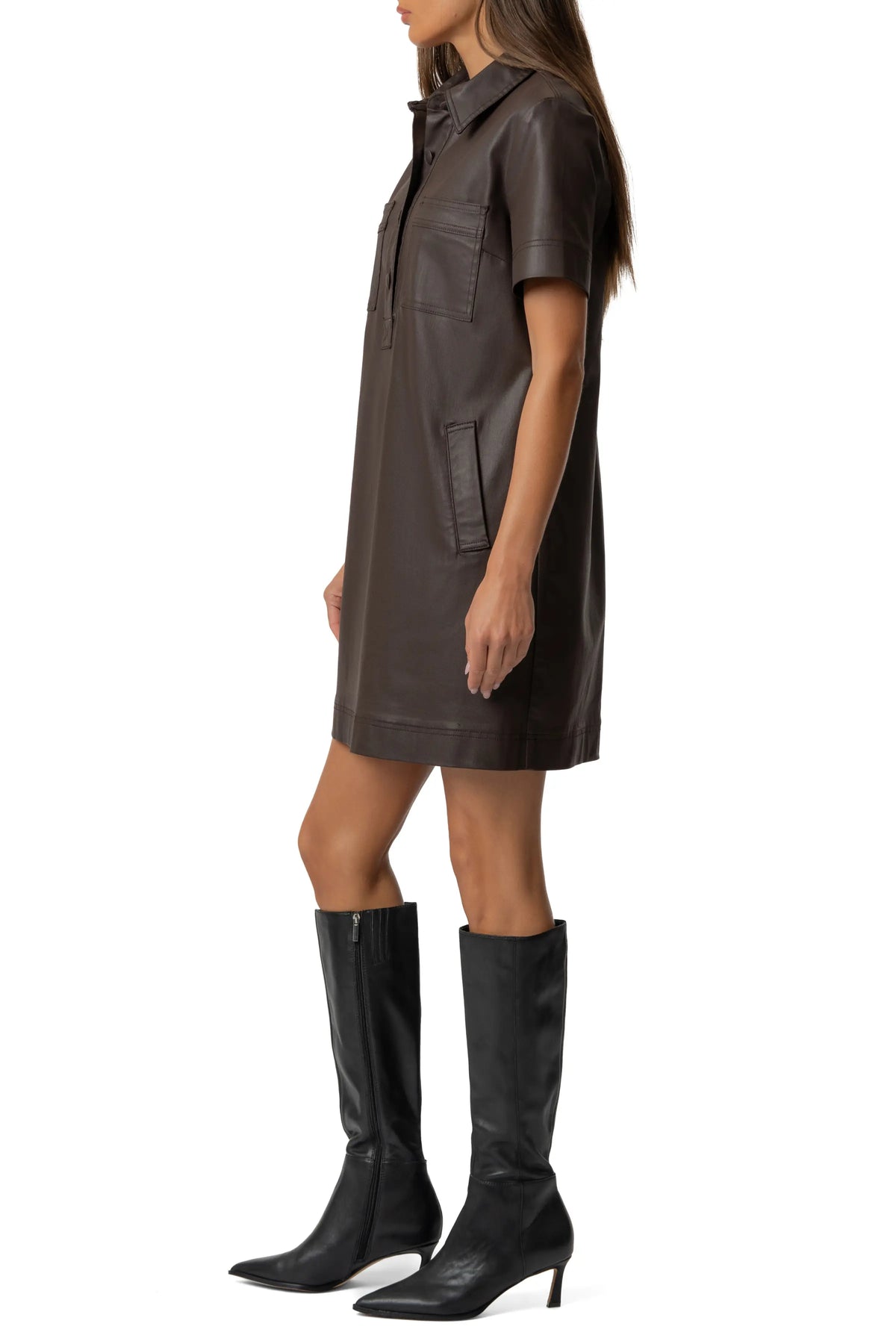 Tatiana Faux Leather Dress- Chocolate