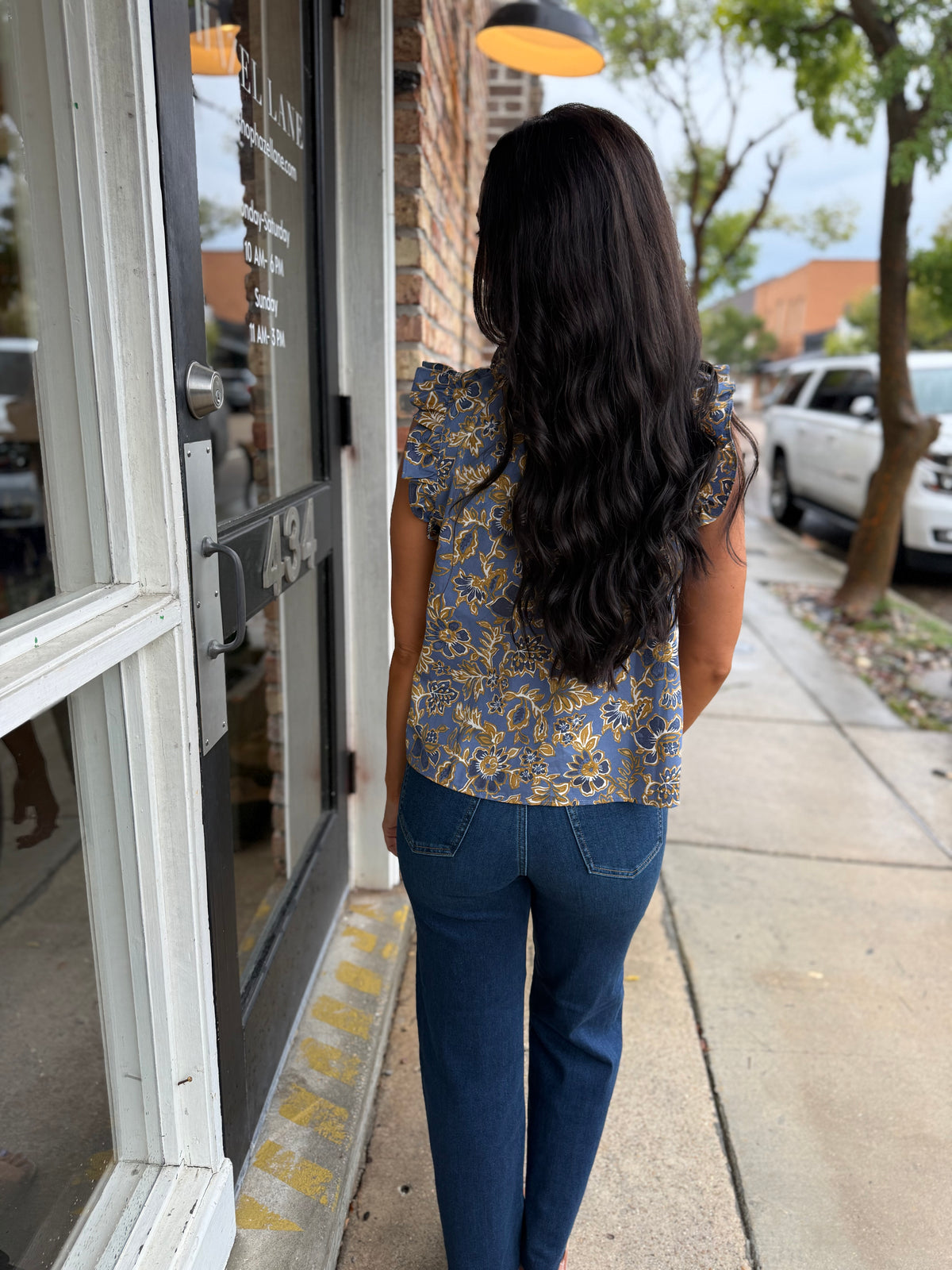 Dusty Indigo Floral Ruffle Top