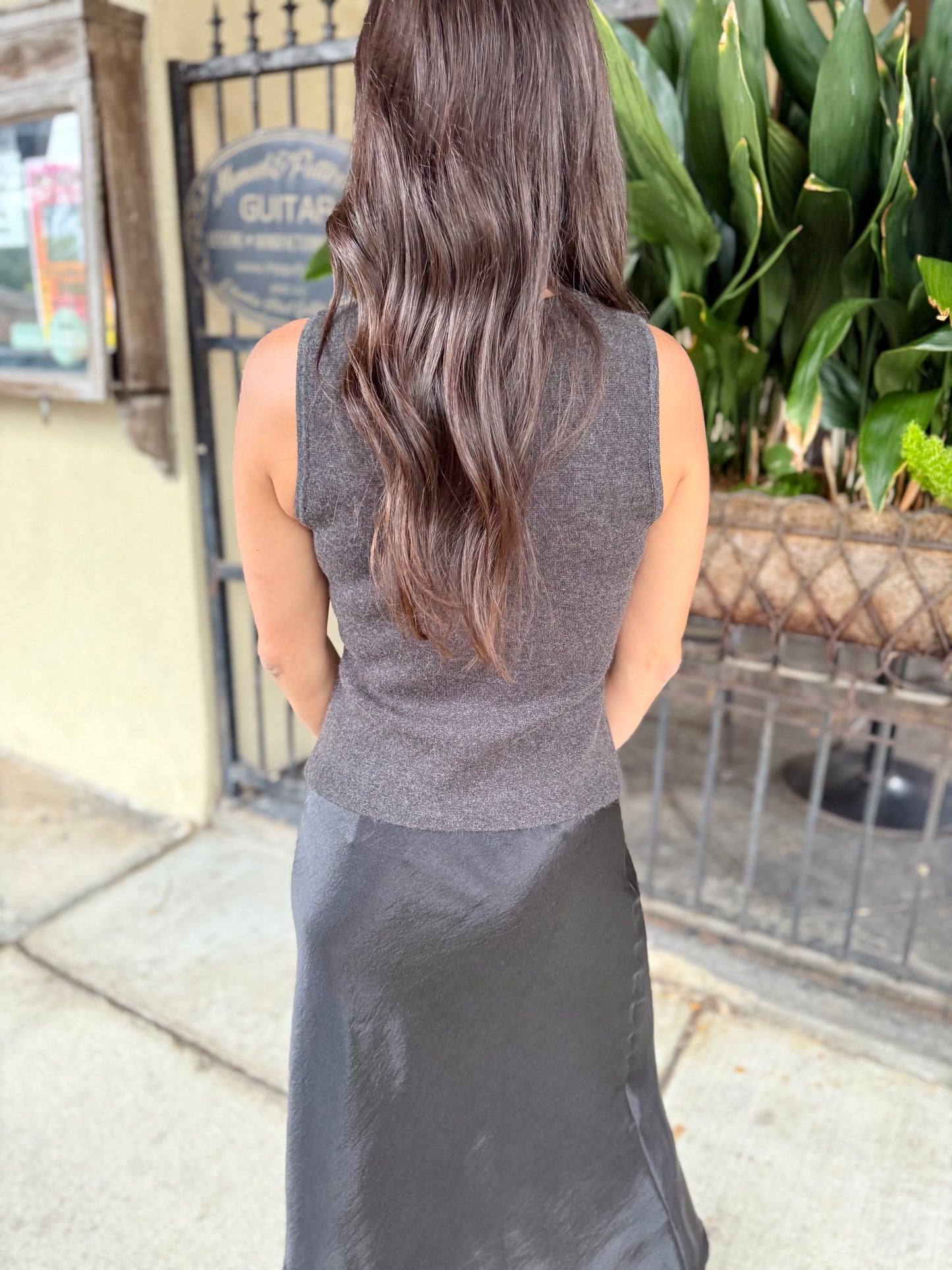 Rhinestone Bow Button Vest- Charcoal