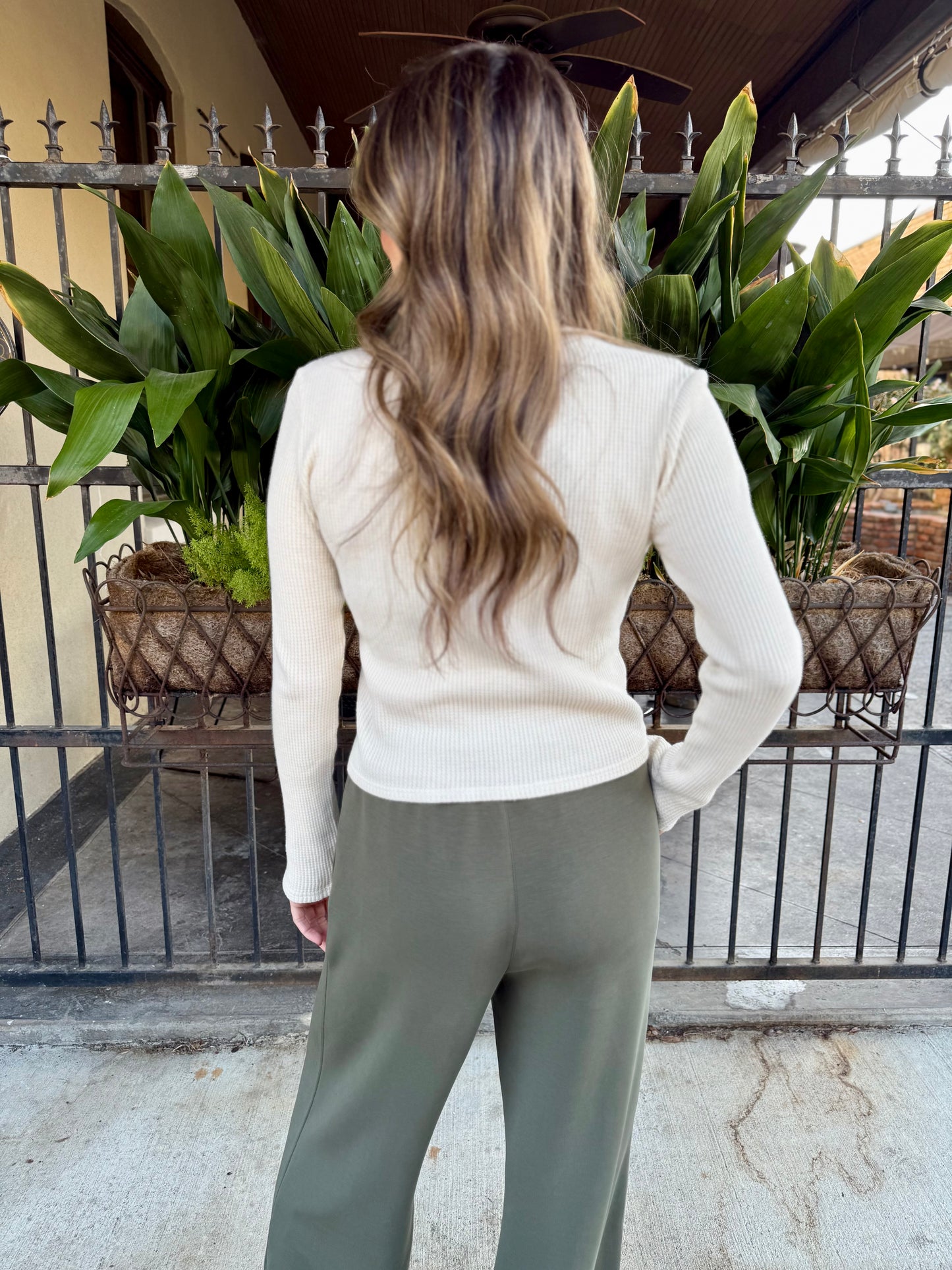 Mineral Waffle Knit Long Sleeve Top- Alpaca/Ivory