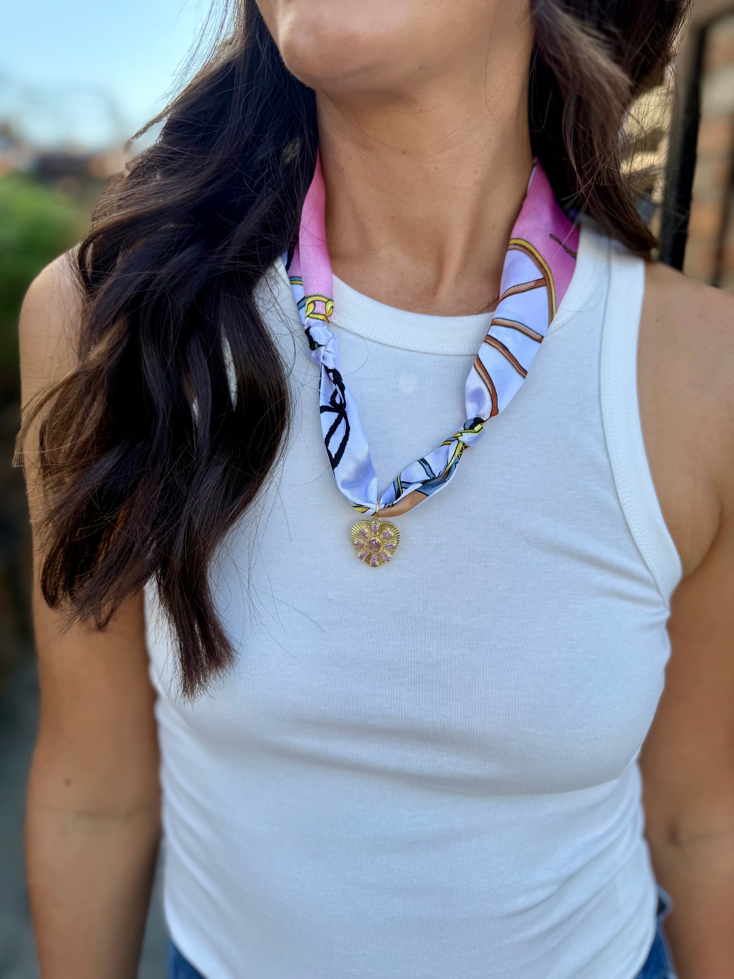 Scarf Necklace- Chain/Pink Stone Heart