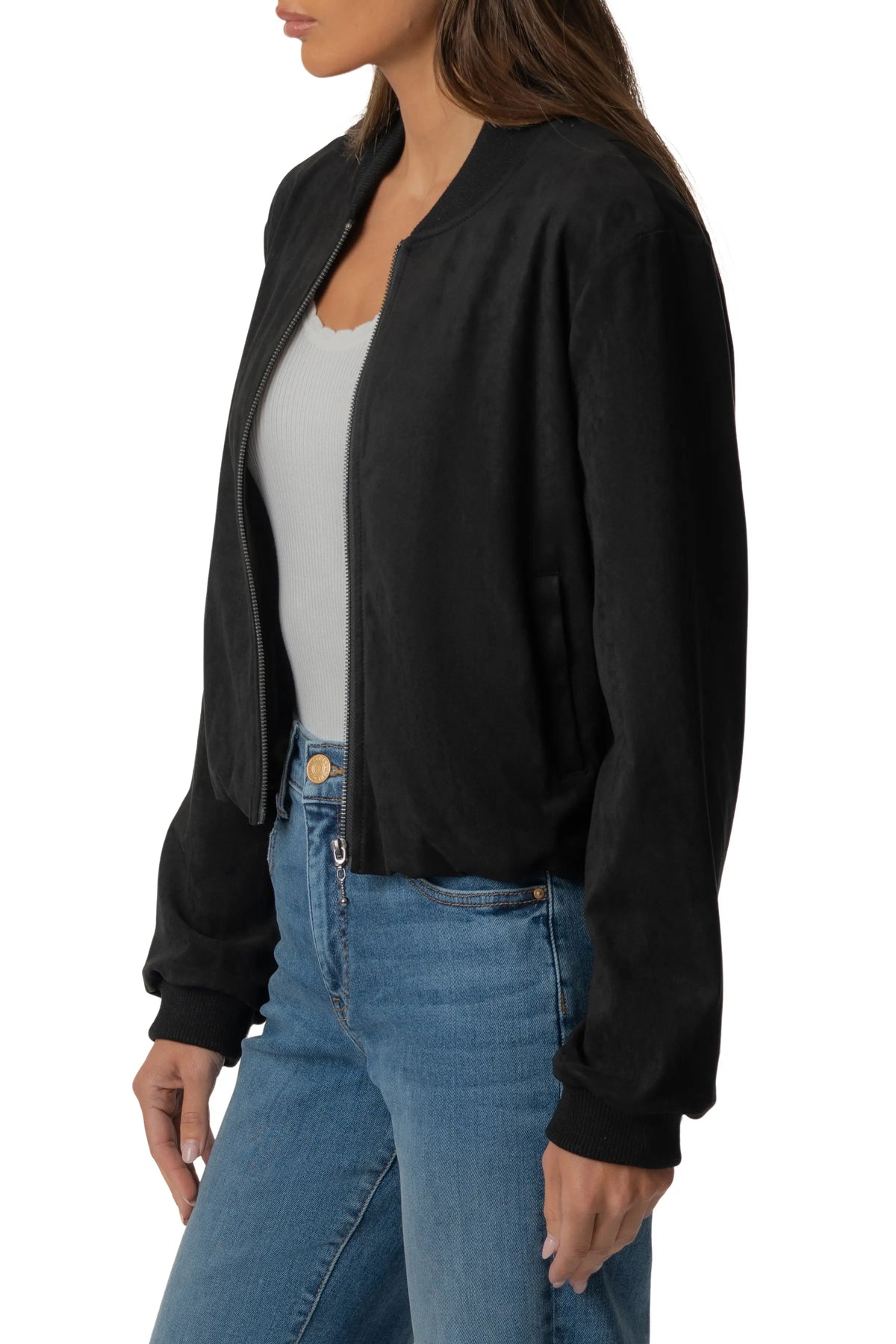 Kensie Faux Suede Bomber Jacket- Black