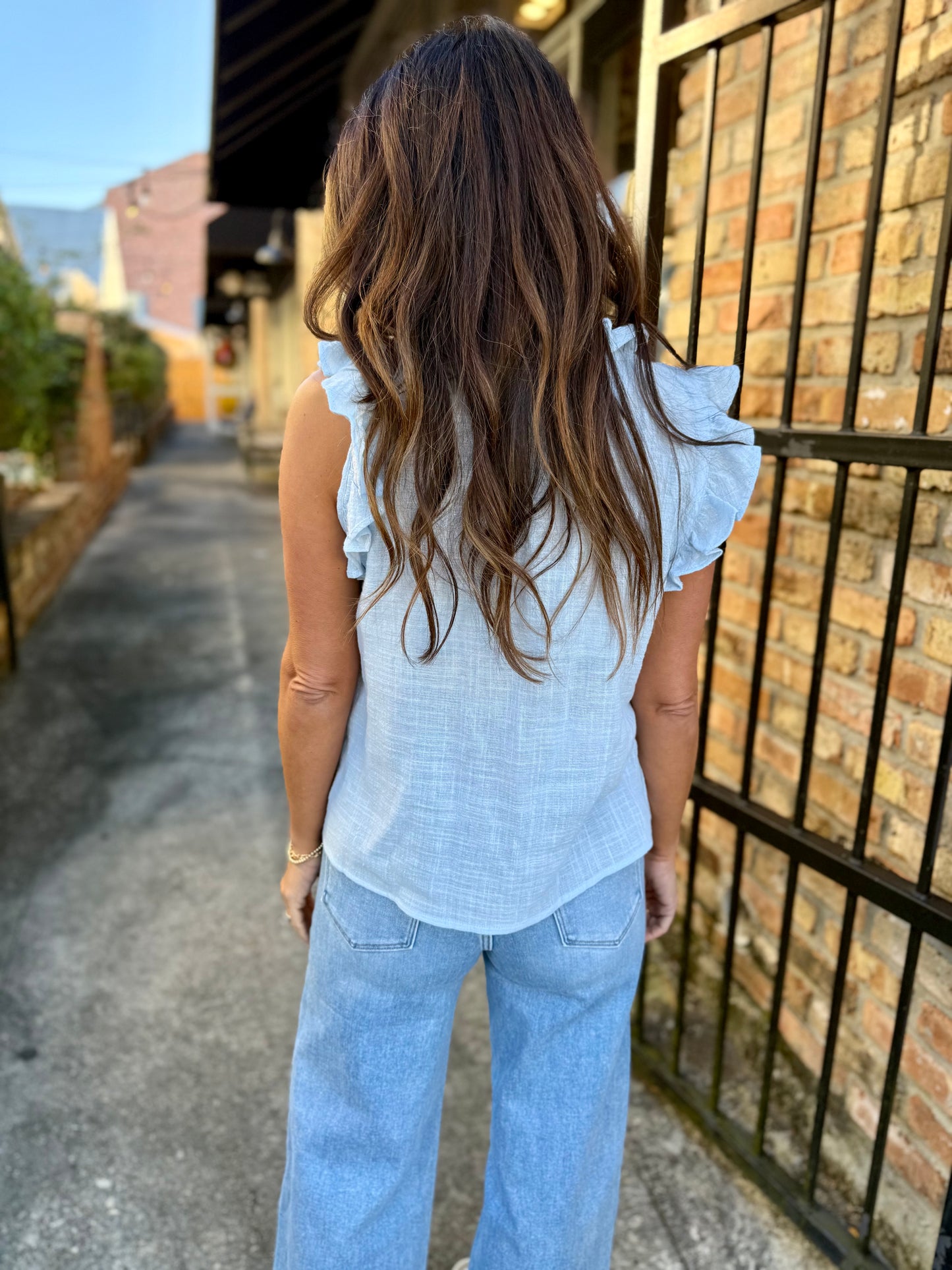 Emilie Ruffle Sleeve Blouse- Sky Blue