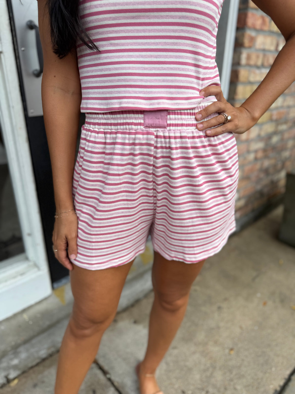 Nicole Striped Ribbed Tee- Pink/Rose