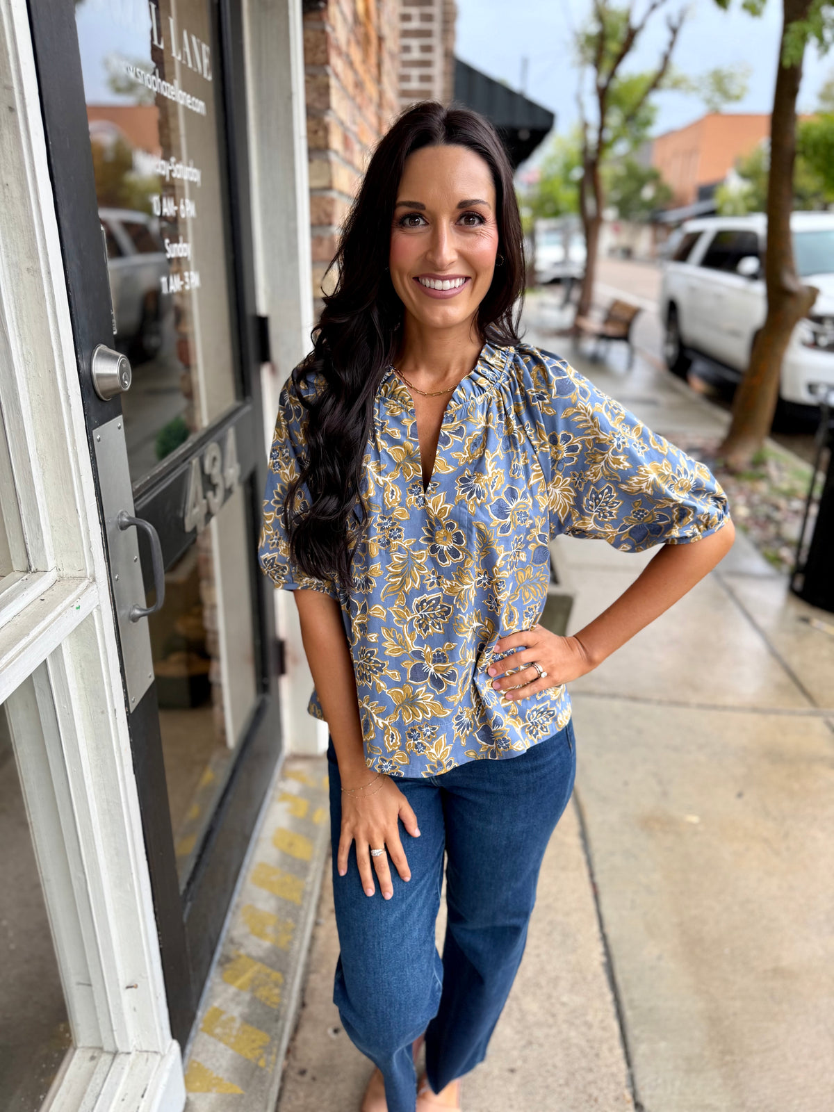 Luke Indigo Floral Ruffle Top