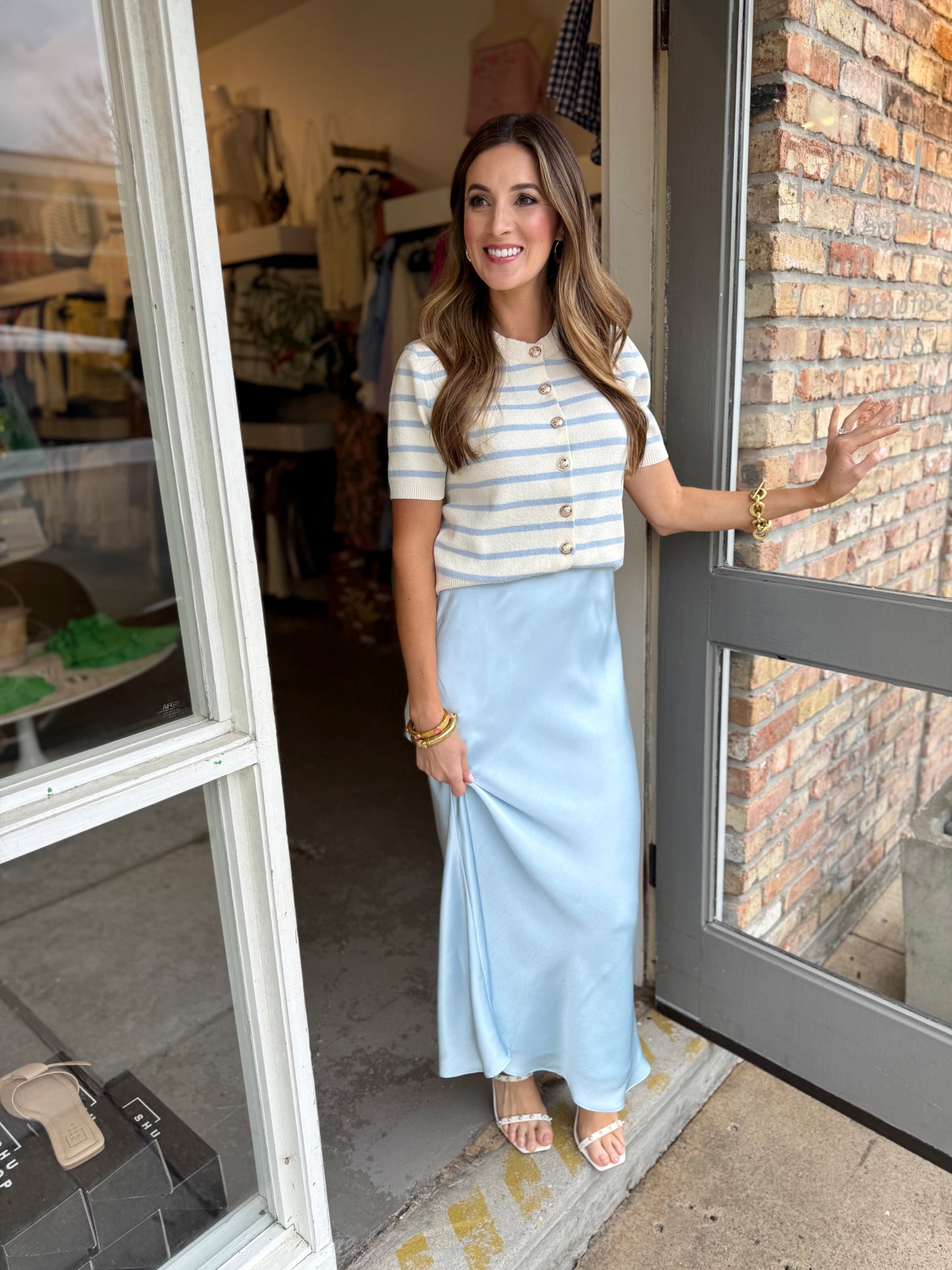 Naomi Striped Cardigan Top- Ice Blue
