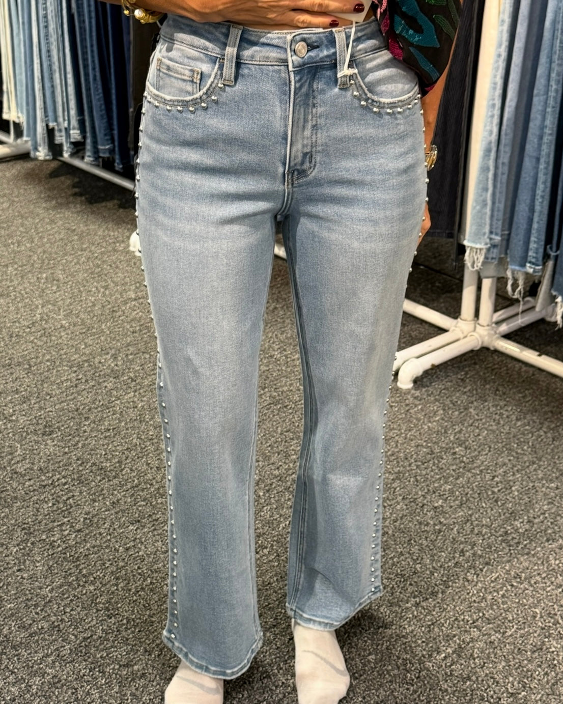 Honorable Studded HR Ankle Slim Wide Denim