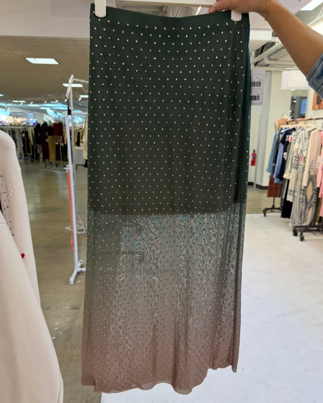 Embellished Mesh Maxi Skirt- Green
