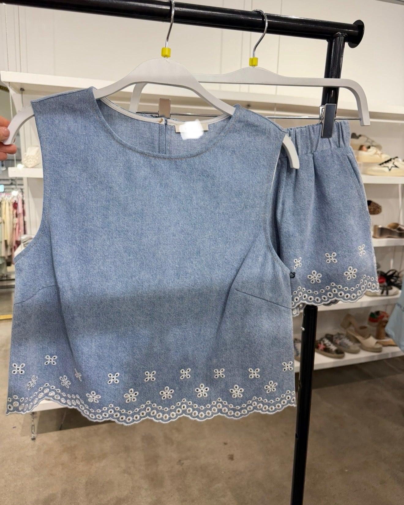 Embroidered Scalloped Denim Shorts