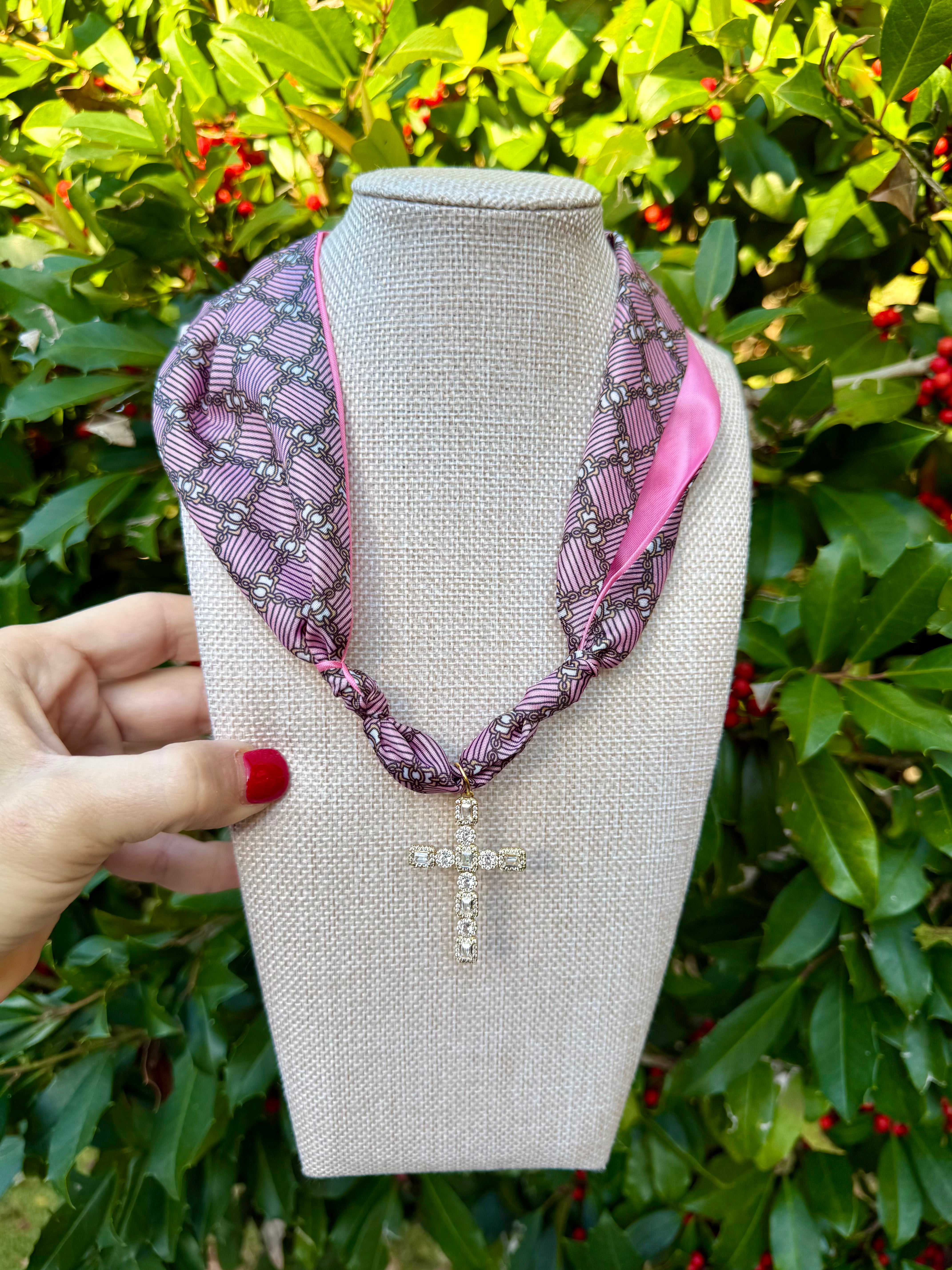 Scarf Necklace- Pink Geo/Cross – Hazel Lane Boutique