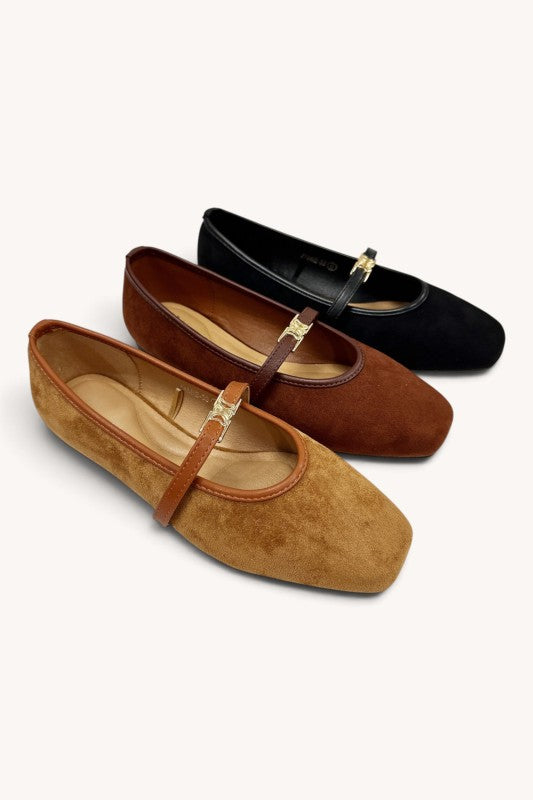 Jamie Suede Mary Jane Flats- Camel