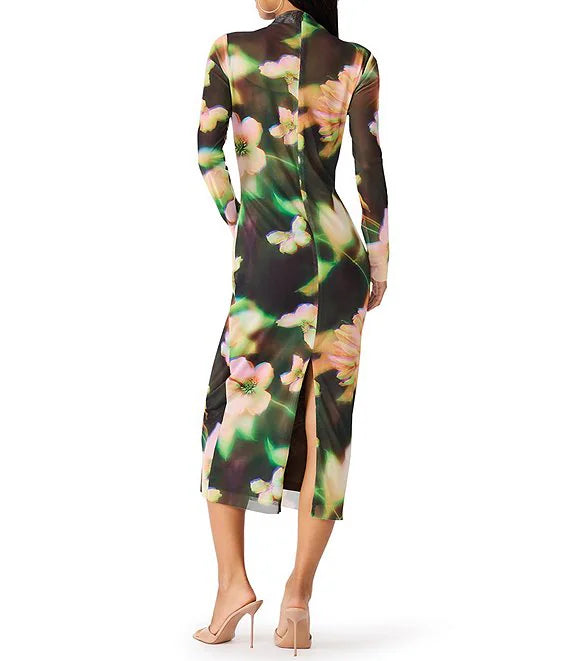 Mo Mesh Mock Neck Midi Dress- Floral