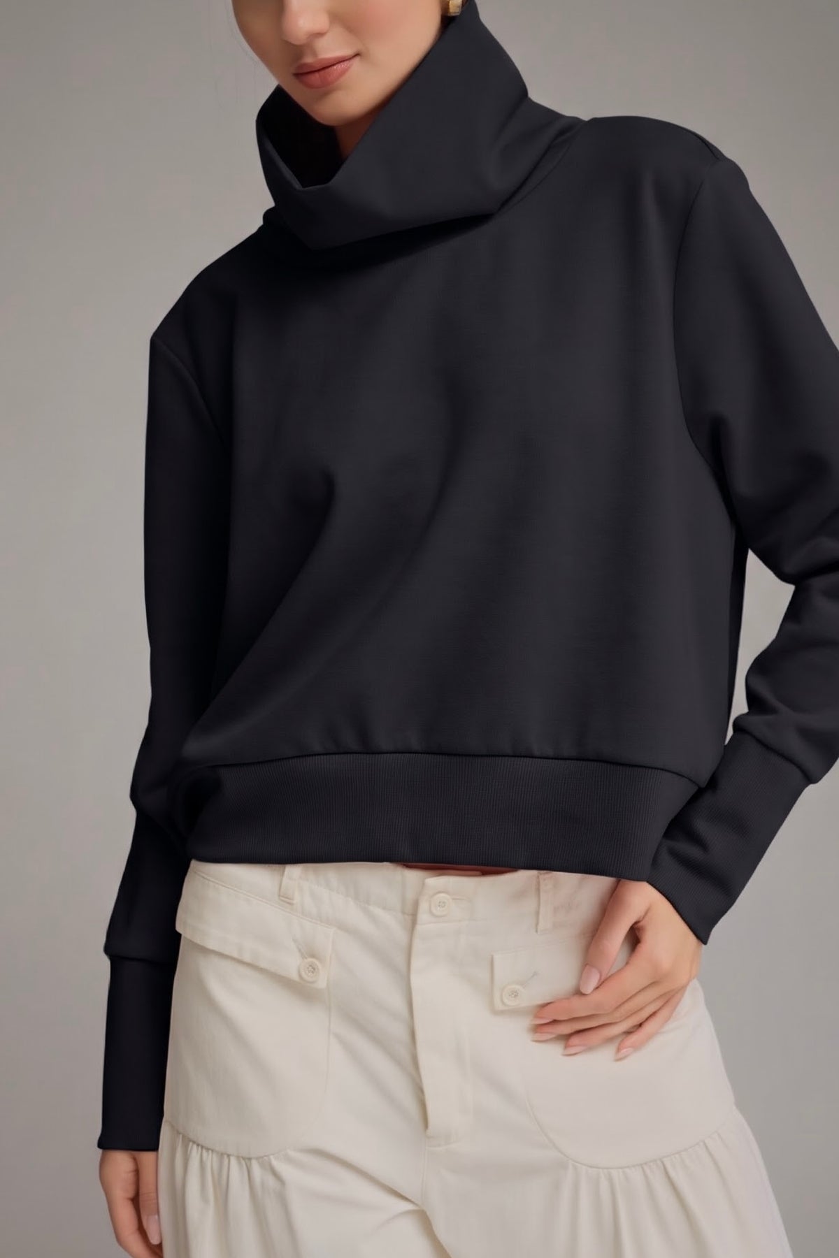 Fold Over High Neck Sweater- Black