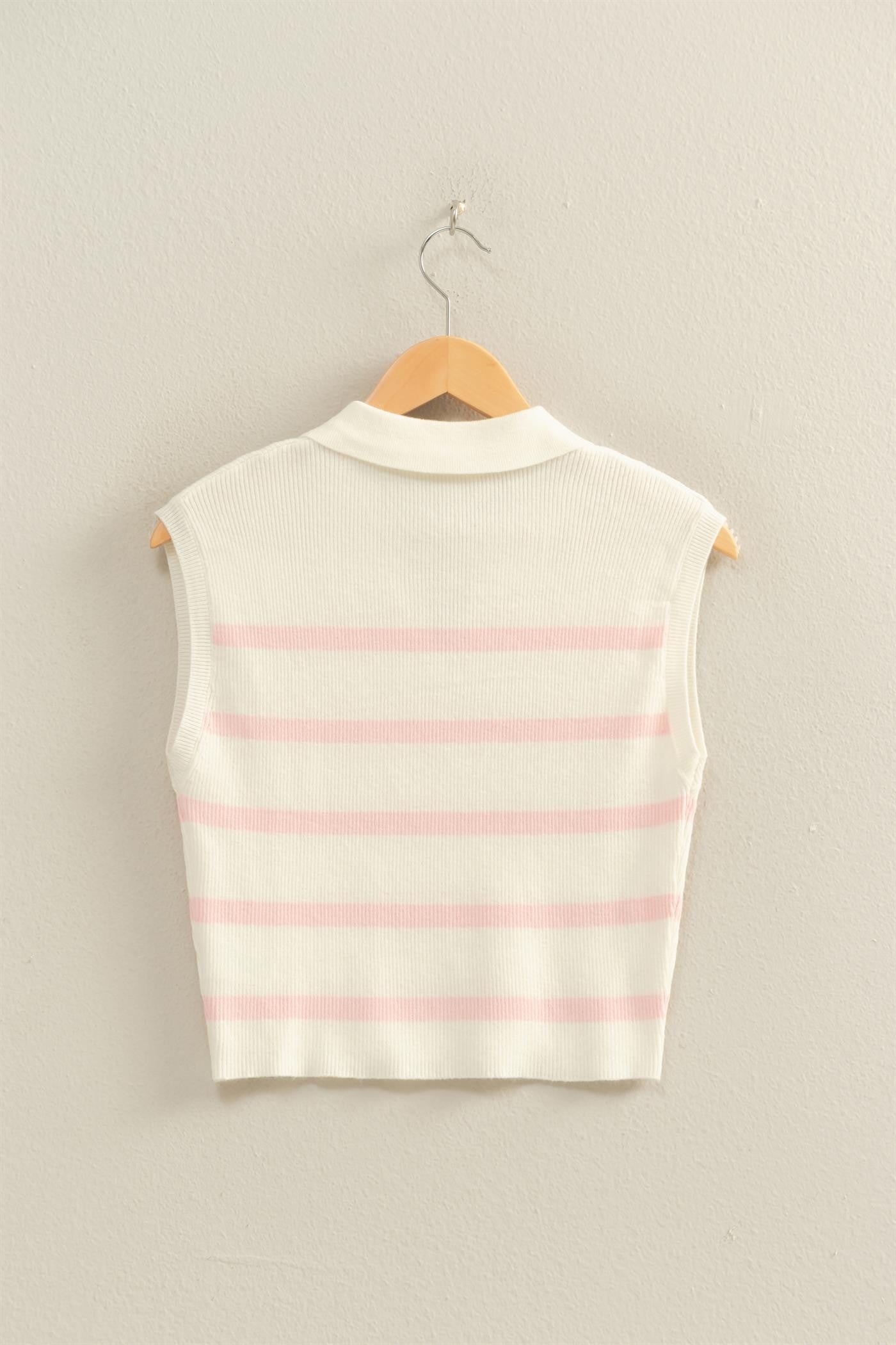 Collared Striped Polo Vest- Pink/Ivory