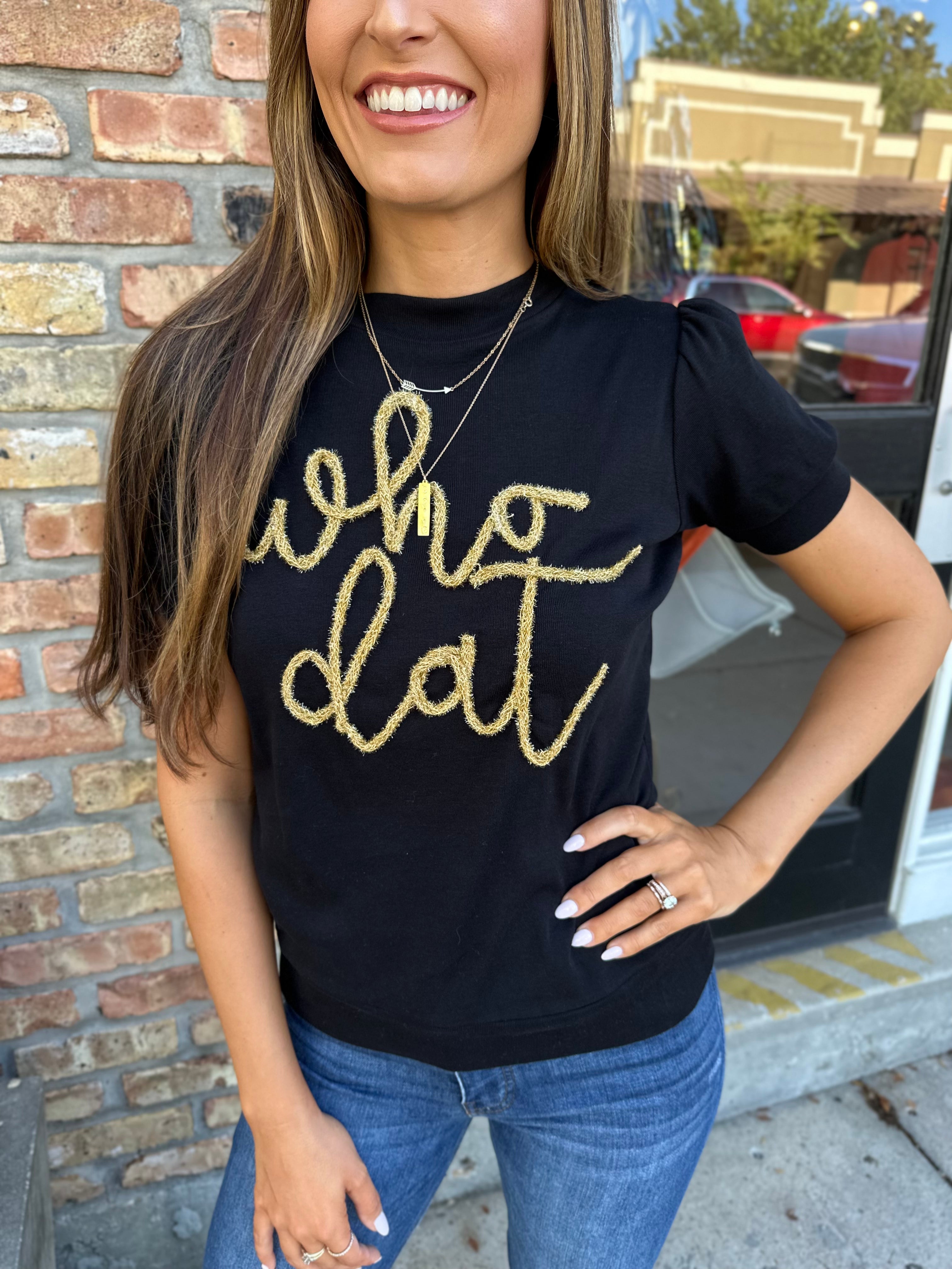 Lulu Grace Designs Who Dat Glitter Shirt: Football Fan Gear & Apparel S / Ladies V-Neck Tee