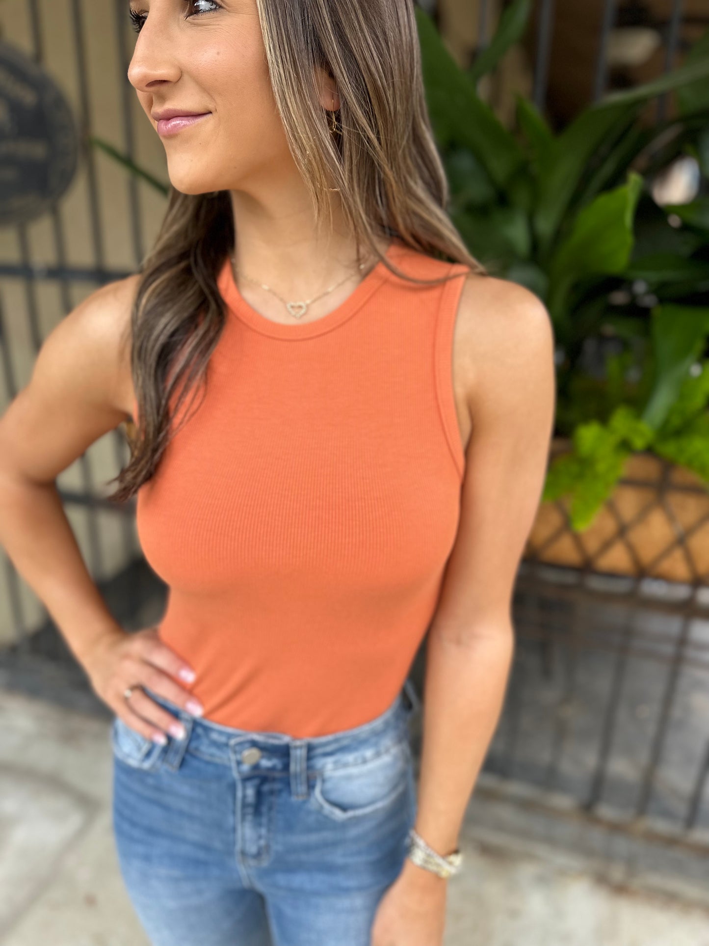 Farrah Fitted Ribbed Bodysuit- Dusty Orange