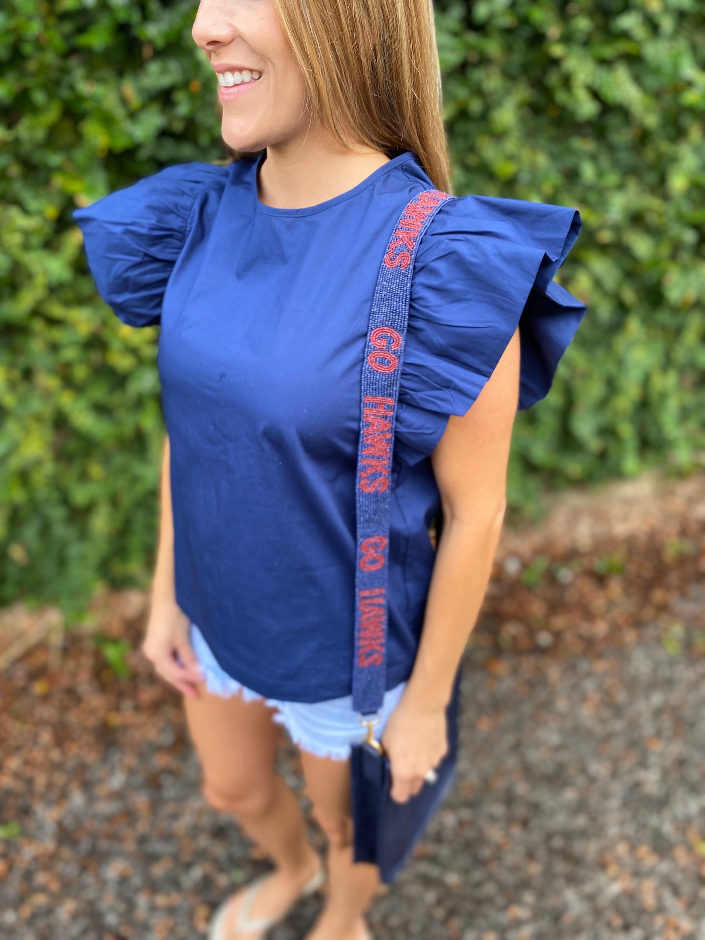 Seed Bead Strap- Go Hawks (Blue w/Red Hawks)