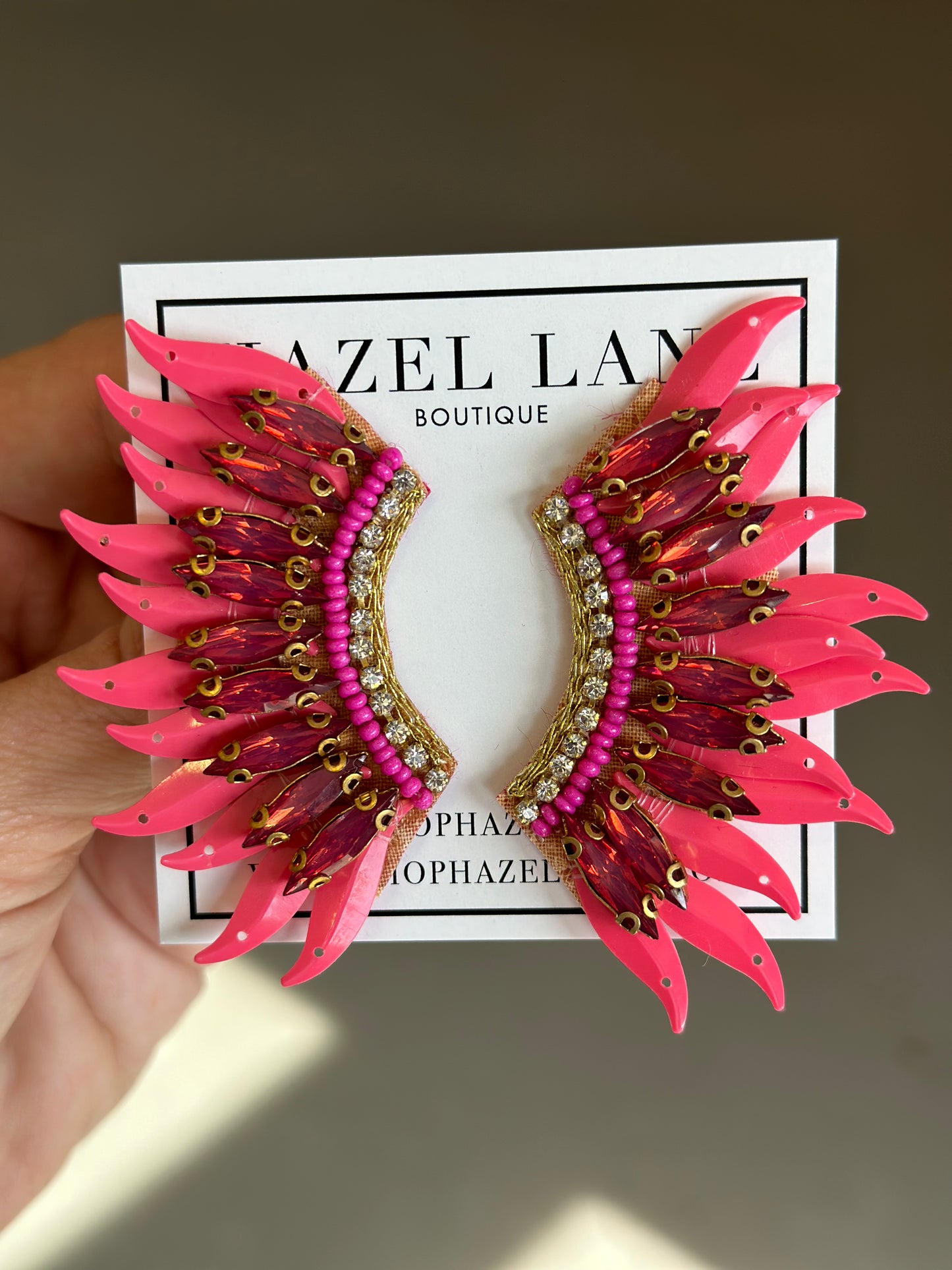 Sequin & Glass Wing Earrings- Hot Pink