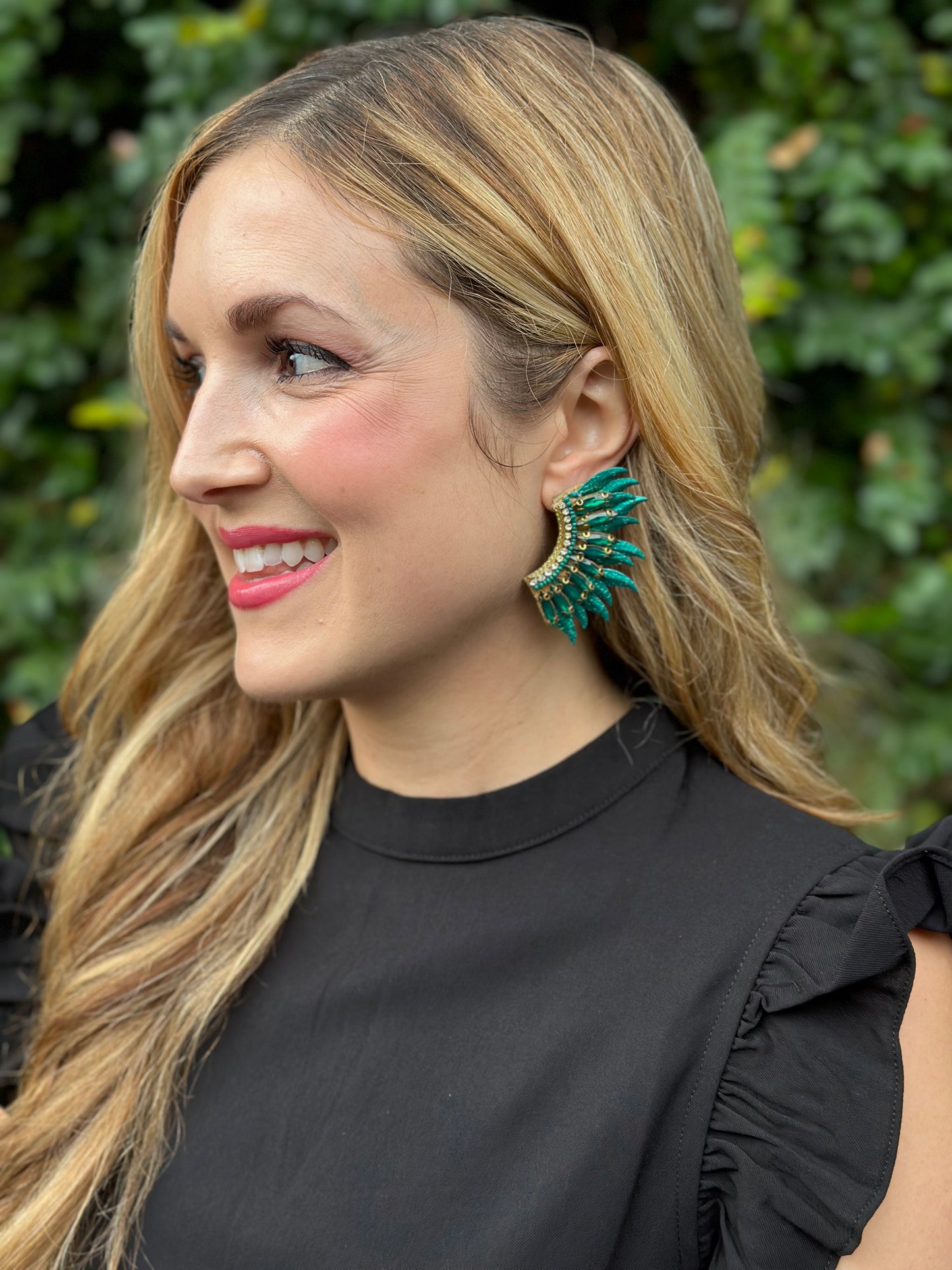 Sequin & Glass Wing Earrings- Green